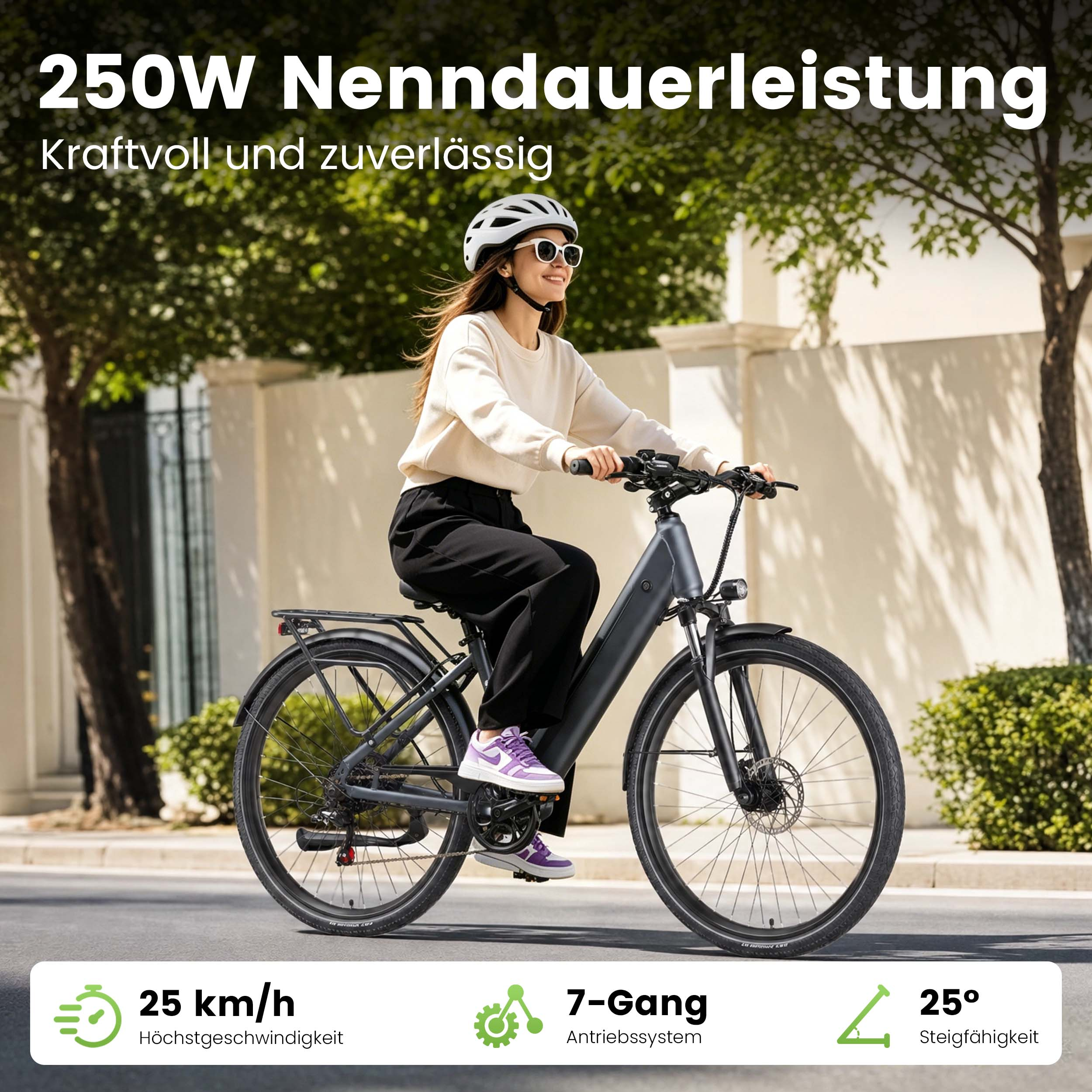 Frau fährt E-Bike mit 250W Leistung, 25 km/h, 7 Gänge und 25° Steigfähigkeit.