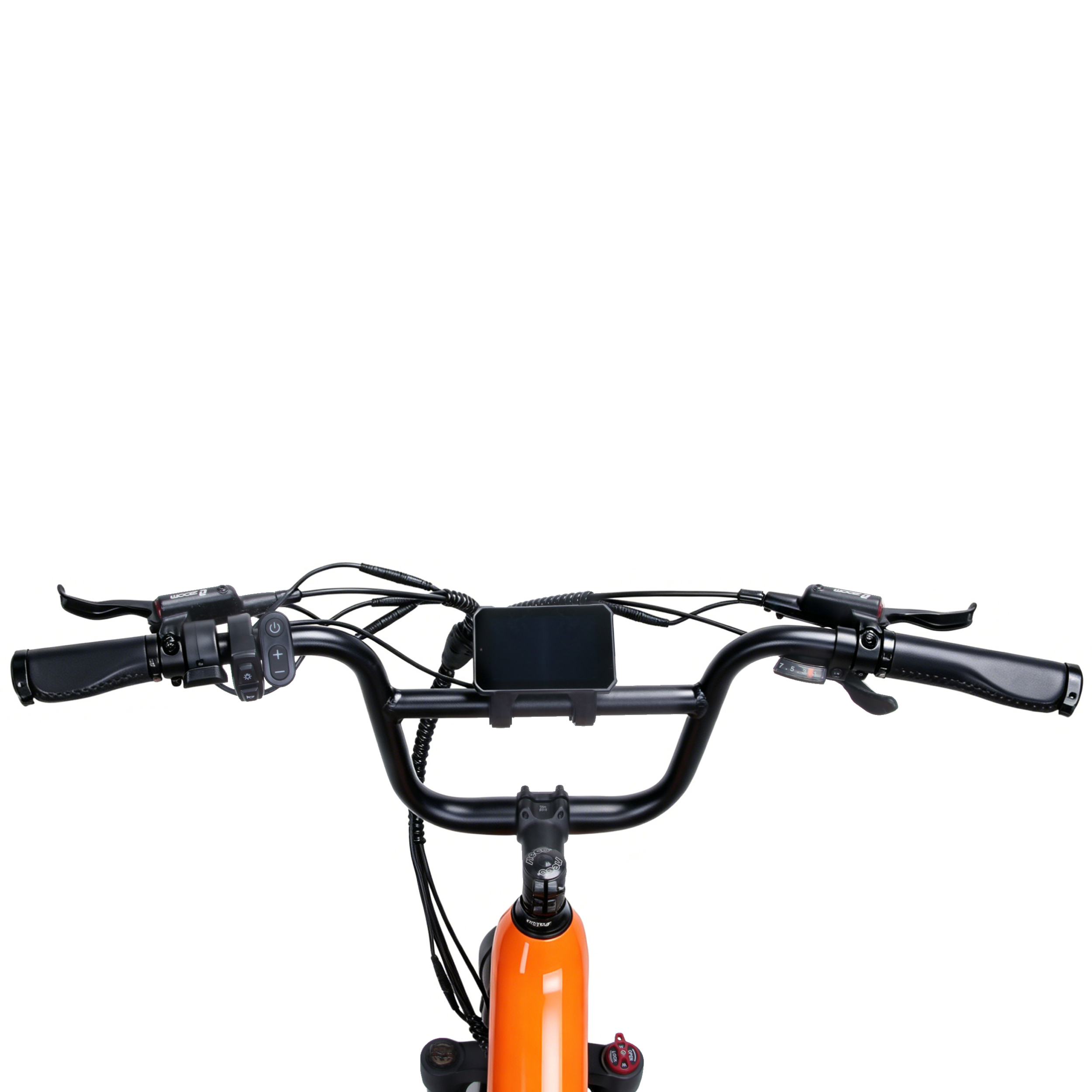 Die Vorderseite eines orangefarbenen Fahrrads mit schwarzem Lenker und Display.