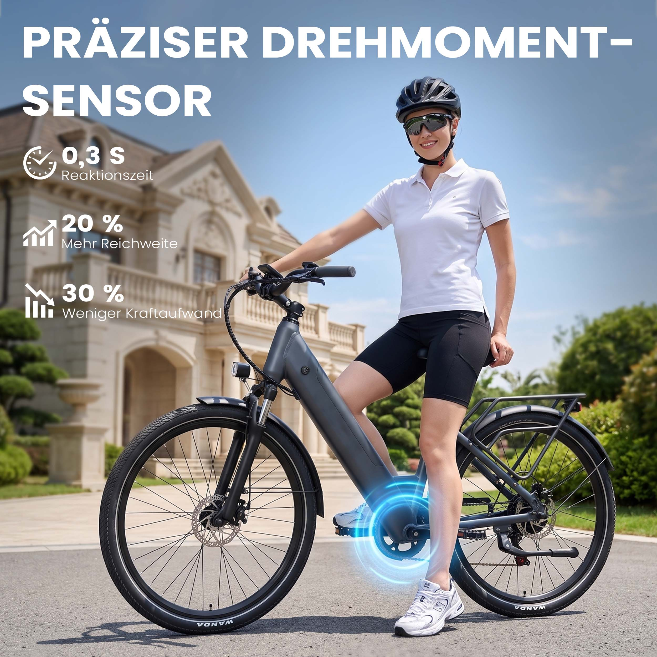 Frau auf E-Bike vor Haus, mit Text über Präzision, Reichweite, Kraftaufwand.