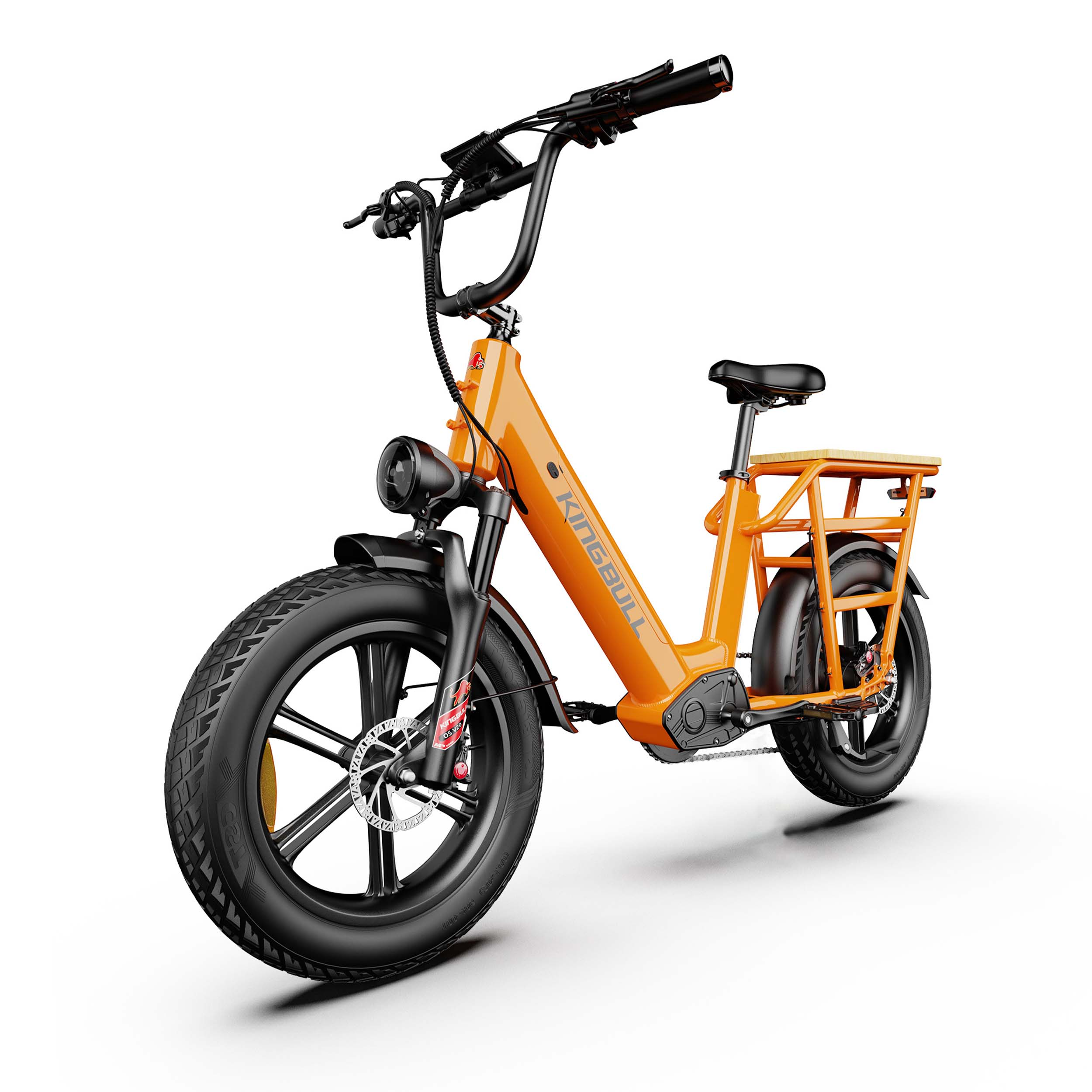 Orange Elektrofahrrad mit breiten Reifen, Federgabel und Gepäckträger.