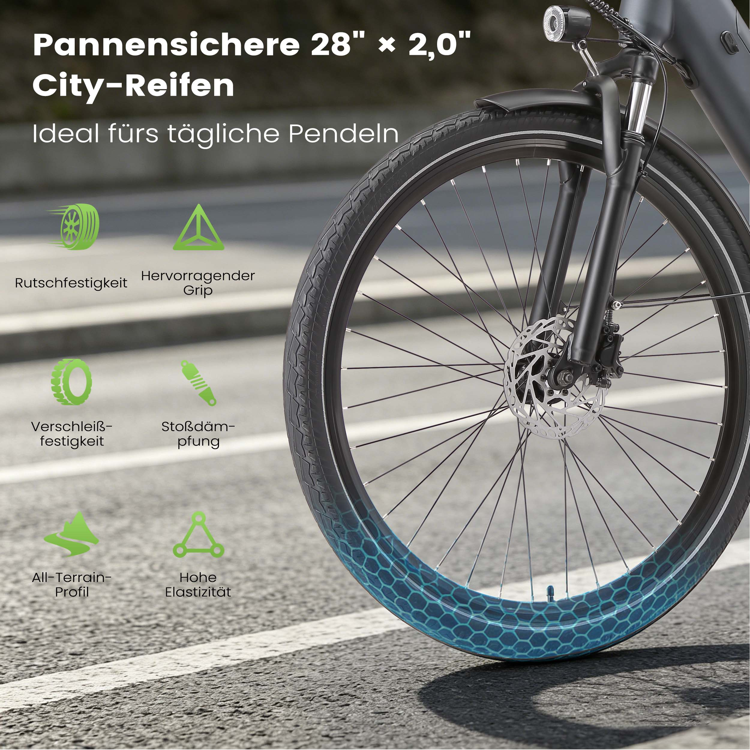 Fahrradreifen 28x2,0 Zoll mit Icons für Rutschfestigkeit, Grip, Verschleißfestigkeit, Stoßdämpfung und Profil.