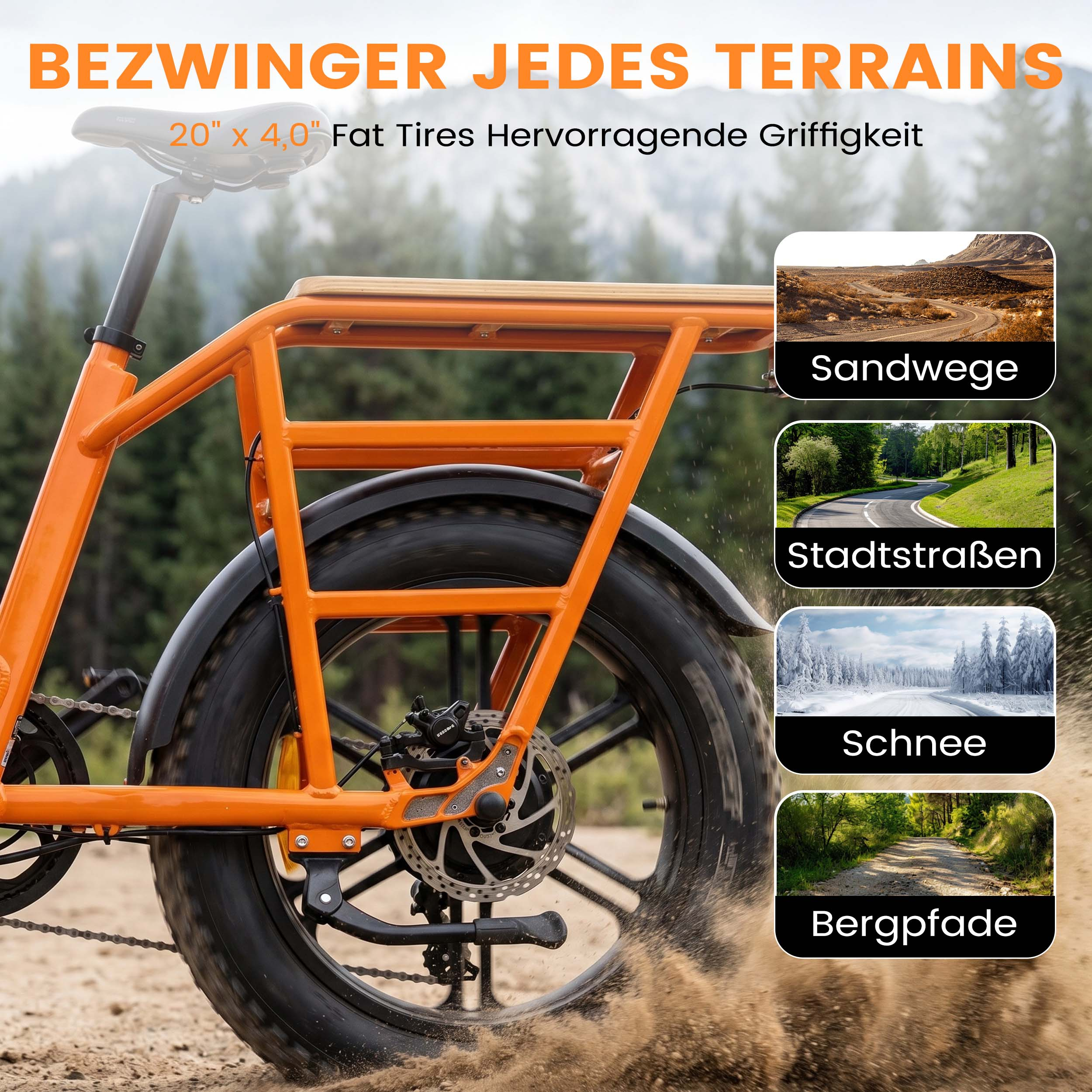 Orange E-Bike mit breiten Reifen auf Sandwegen, Stadtstraßen, Schnee und Bergpfaden.