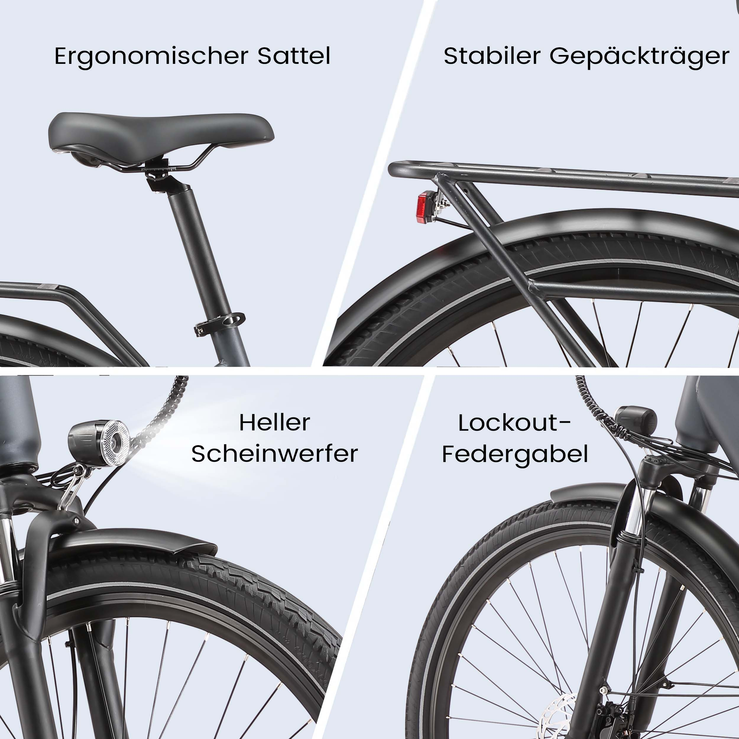 Details eines Fahrrads: Sattel, Gepäckträger, Scheinwerfer und Federgabel.