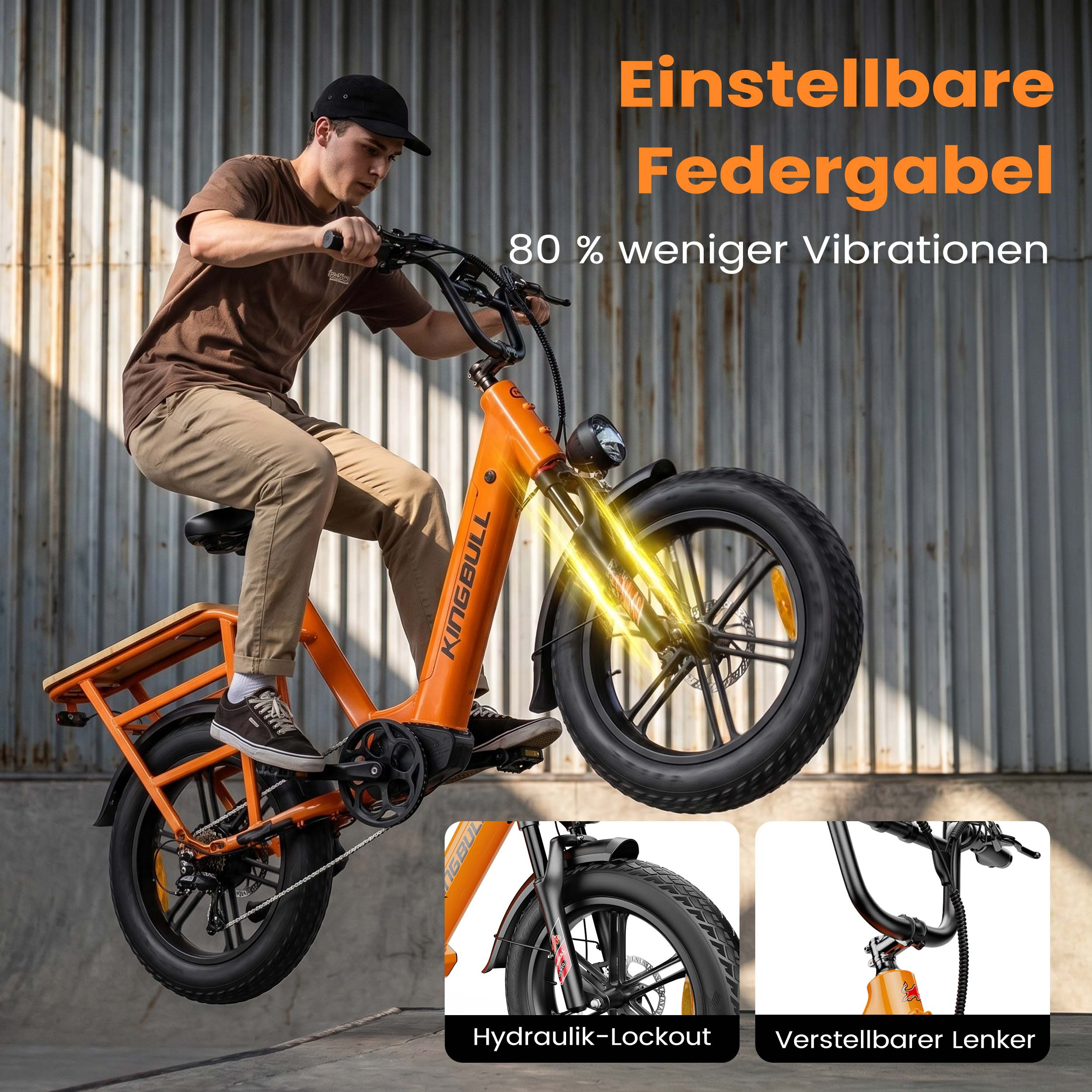 Ein Mann auf einem orangefarbenen E-Bike mit dicken Reifen vor einer Metallwand.