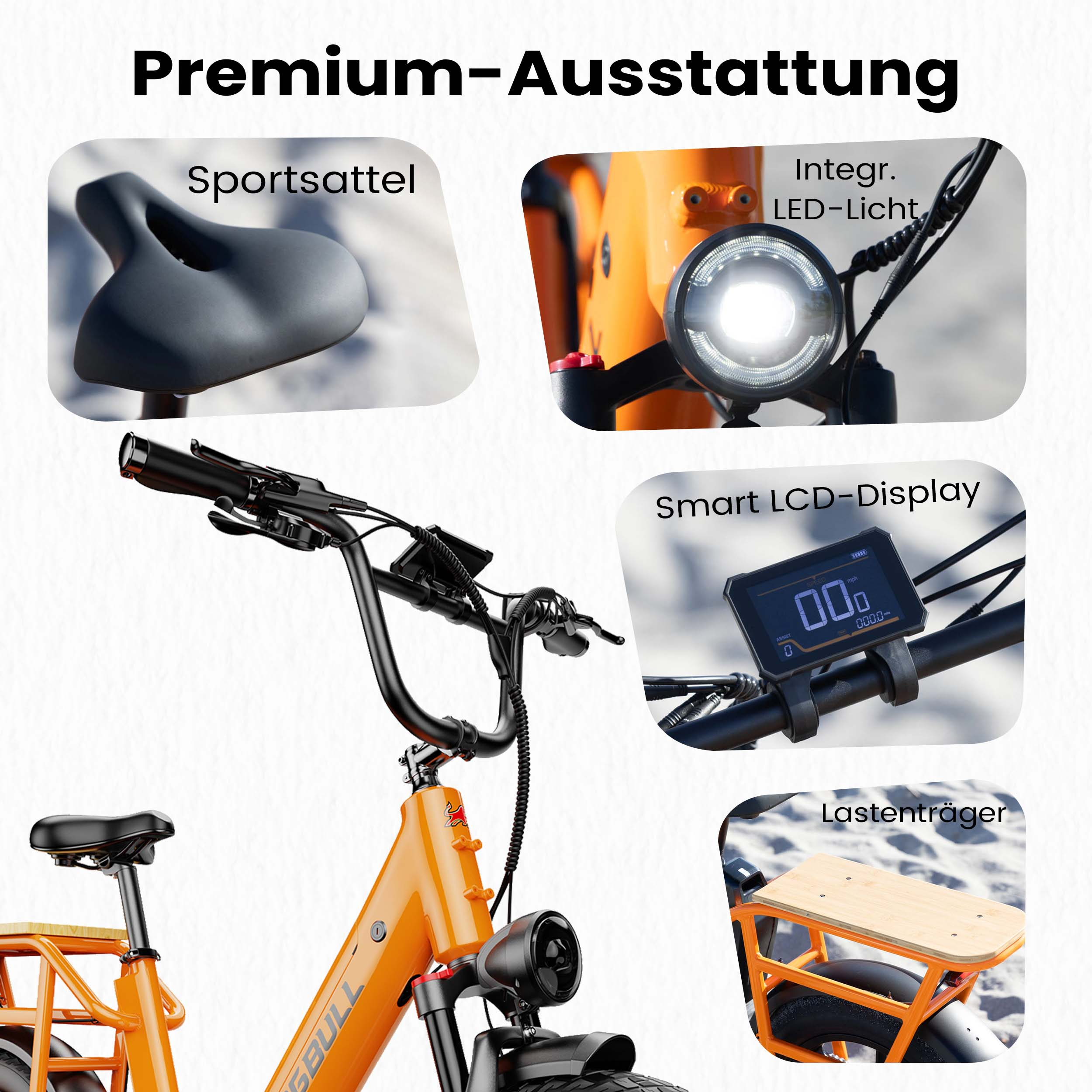 Orange Fahrrad mit Sport-Sattel, LED-Licht, Display und Gepäckträger.