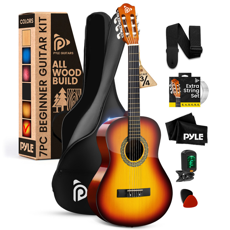 Ein 3/4-Größen-Gitarren-Anfänger-Set mit Koffer, Gurt, Saiten, Stimmgerät, Plektren, Tuch.