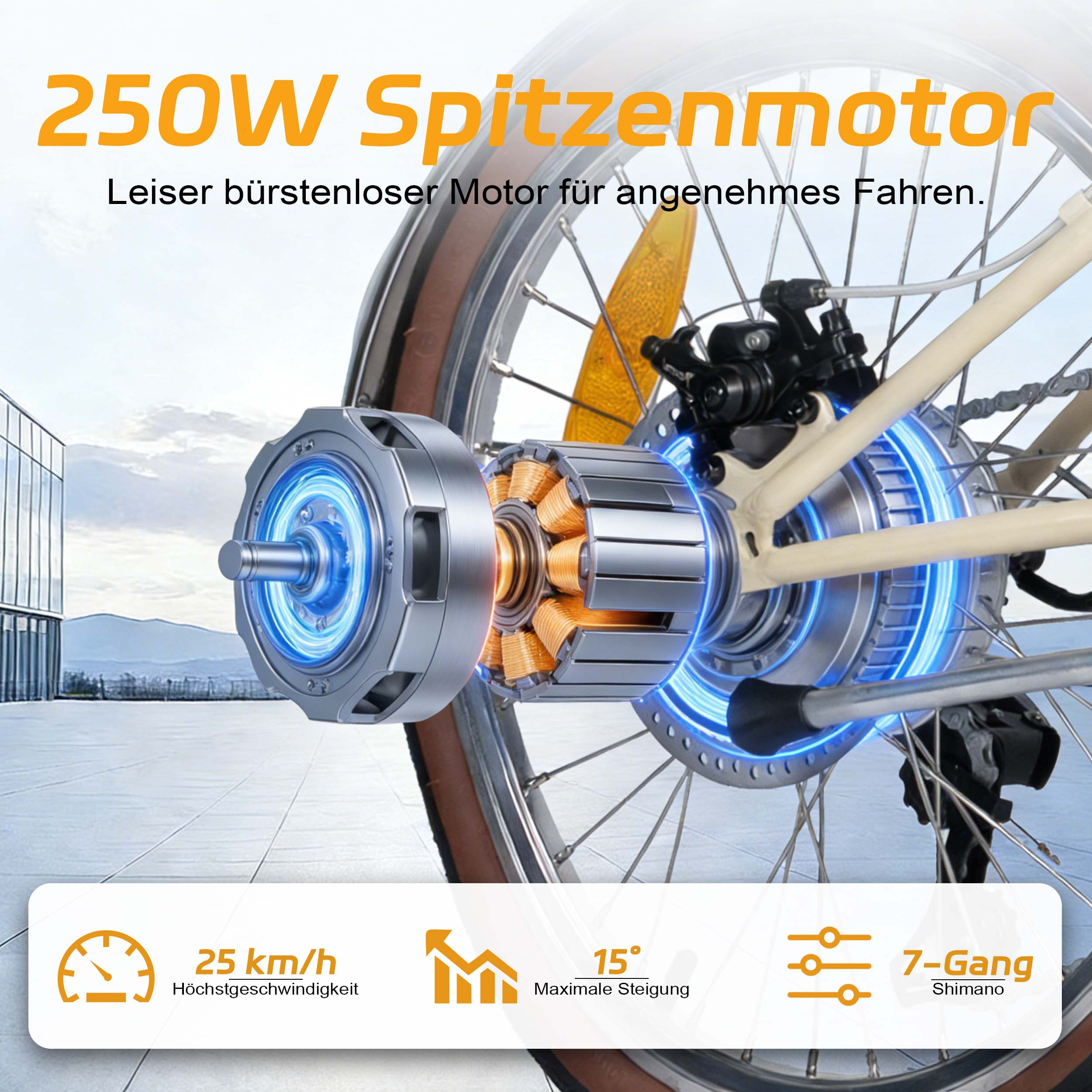 Fokus auf einem 250W Spitzenmotor mit blauer Lichterzeugung, Fahrradteilen und Spezifikationen.