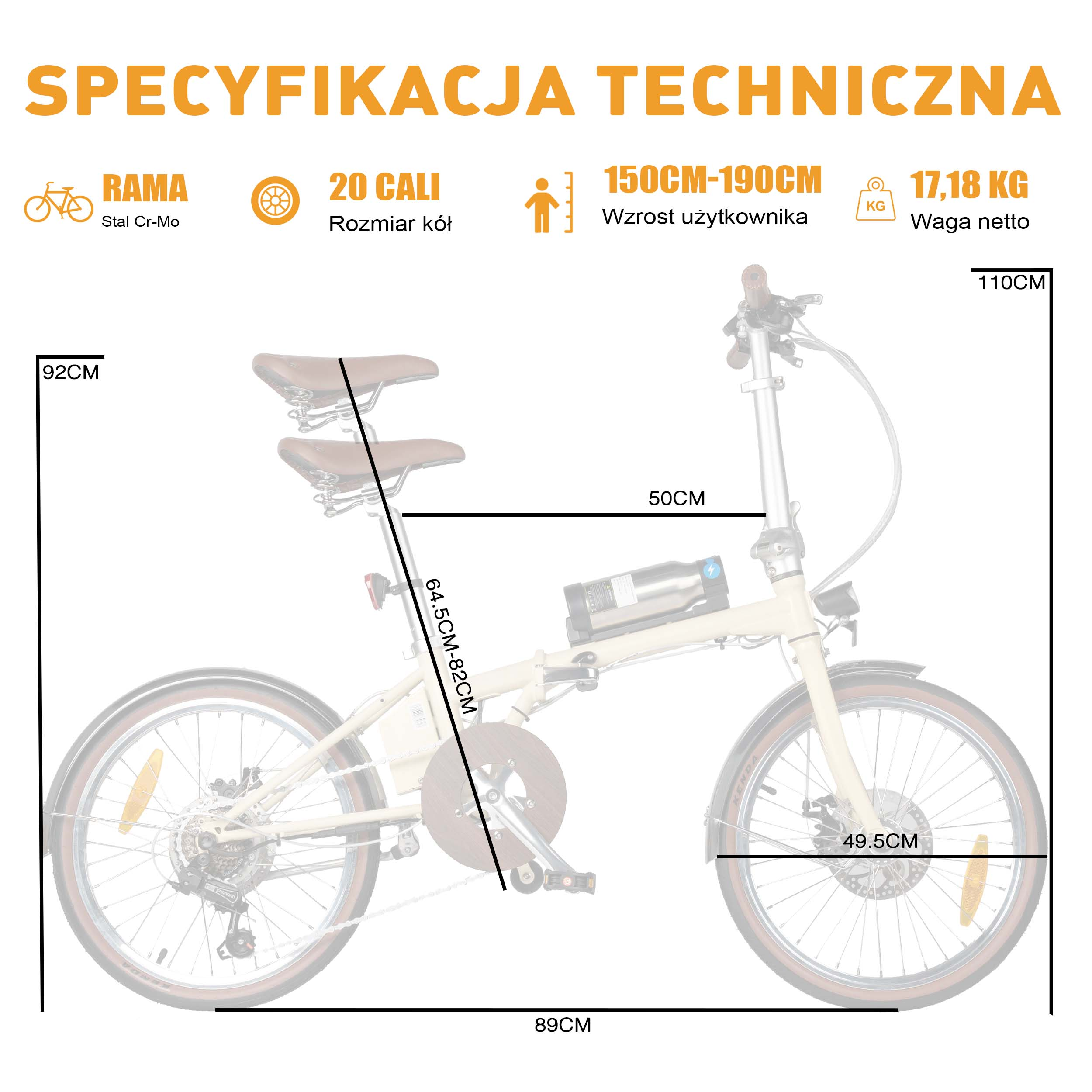 Ein beigefarbenes Fahrrad mit technischen Daten und Maßangaben.