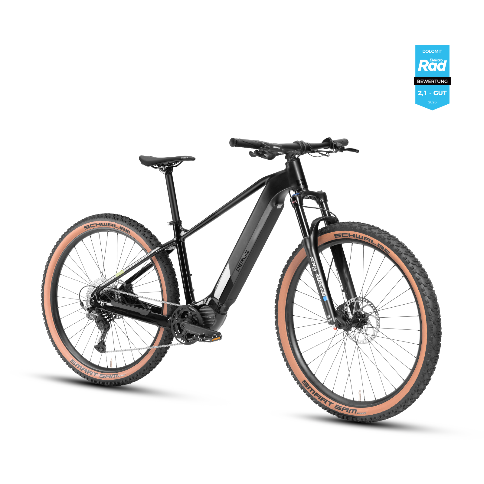 Ein schwarzes E-Mountainbike mit braunen Reifen auf schwarzem Hintergrund.