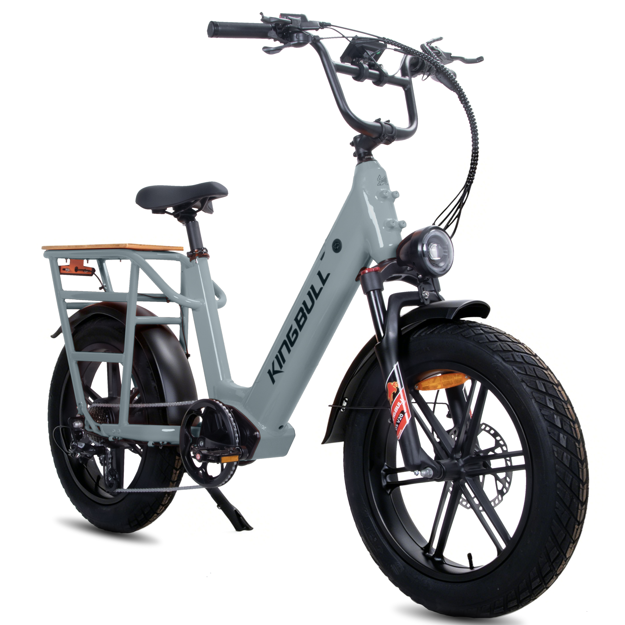 Graues Elektrofahrrad mit breiten Reifen, Gepäckträger und Holzbrett.