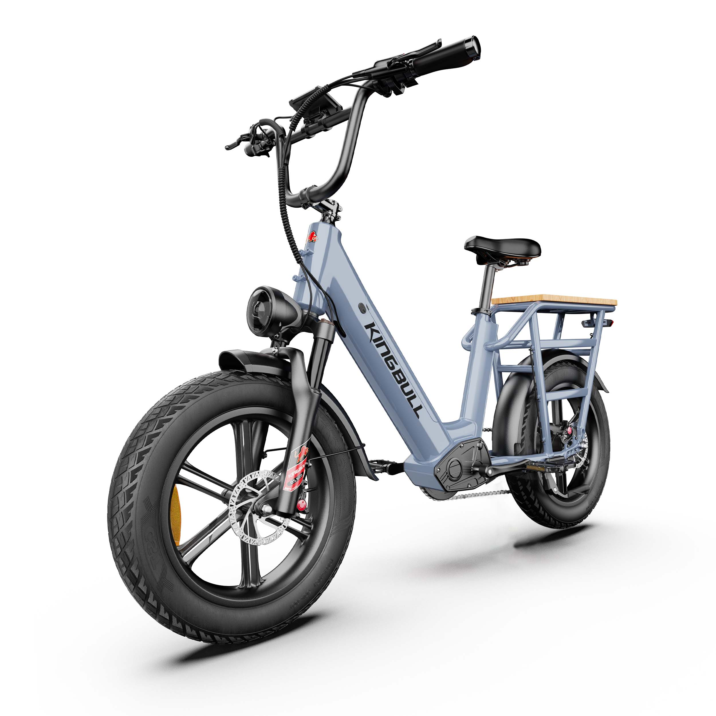 Ein hellblaues E-Bike mit dicken Reifen, Sattel und Gepäckträger.