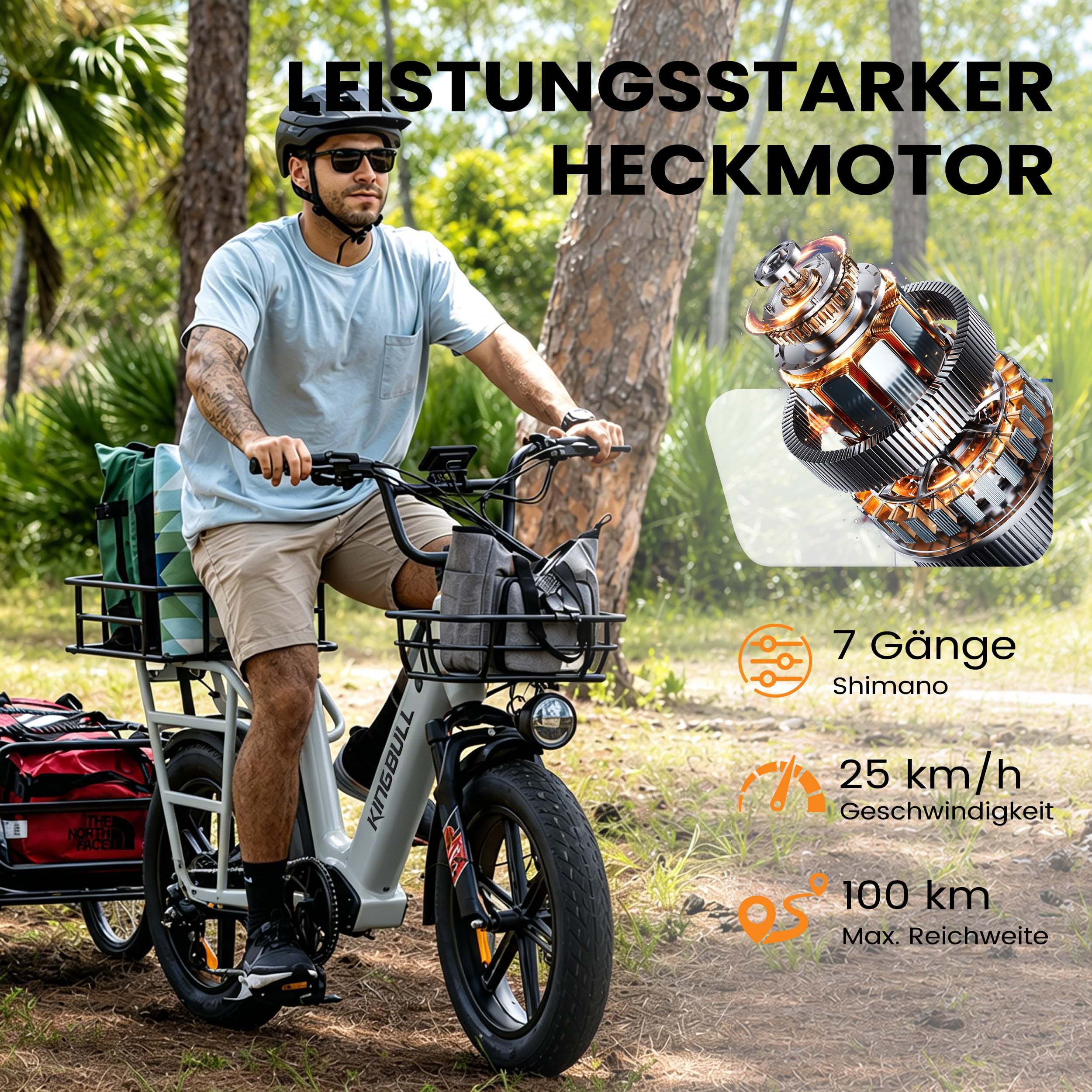 Mann fährt E-Bike mit Anhänger, Fokus auf Motor und Leistungsspezifikationen.
