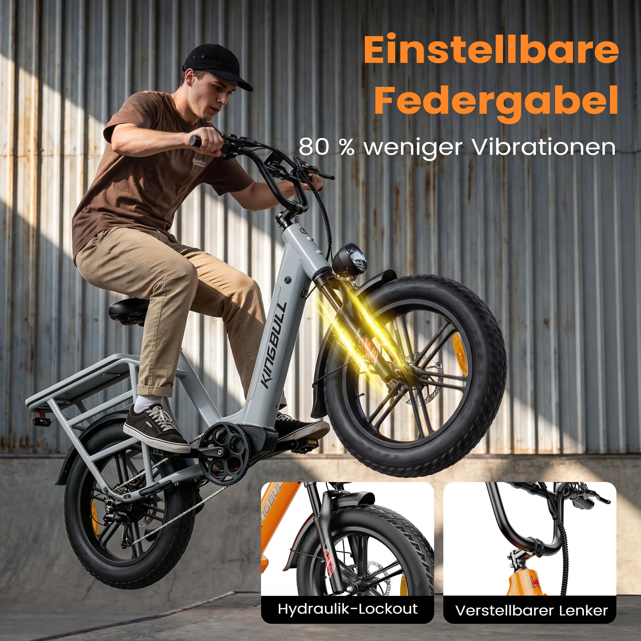 Mann fährt ein graues E-Bike mit breiten Reifen vor einer Metallwand. Details der Gabel und des Lenkers sind zu sehen.