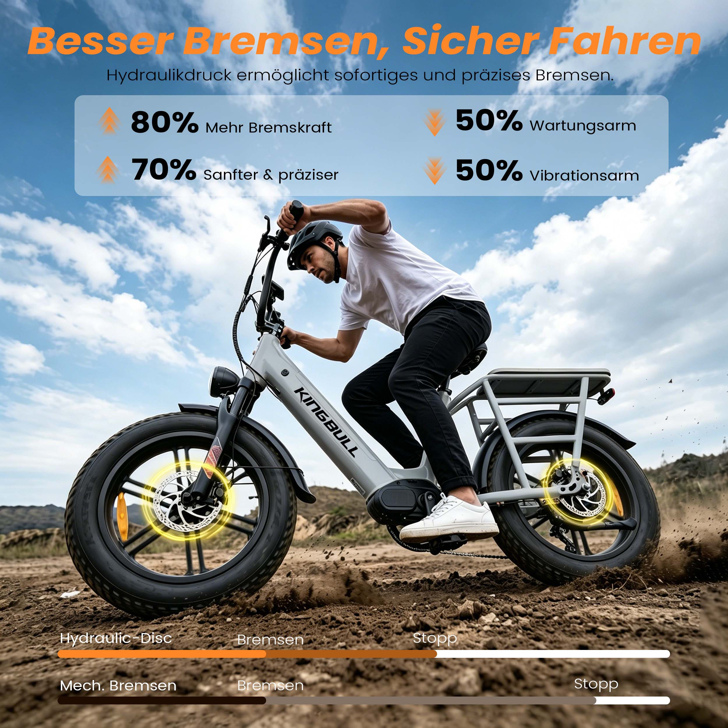 Mann auf grauem E-Bike fährt auf Schotter. Text betont Bremsen.