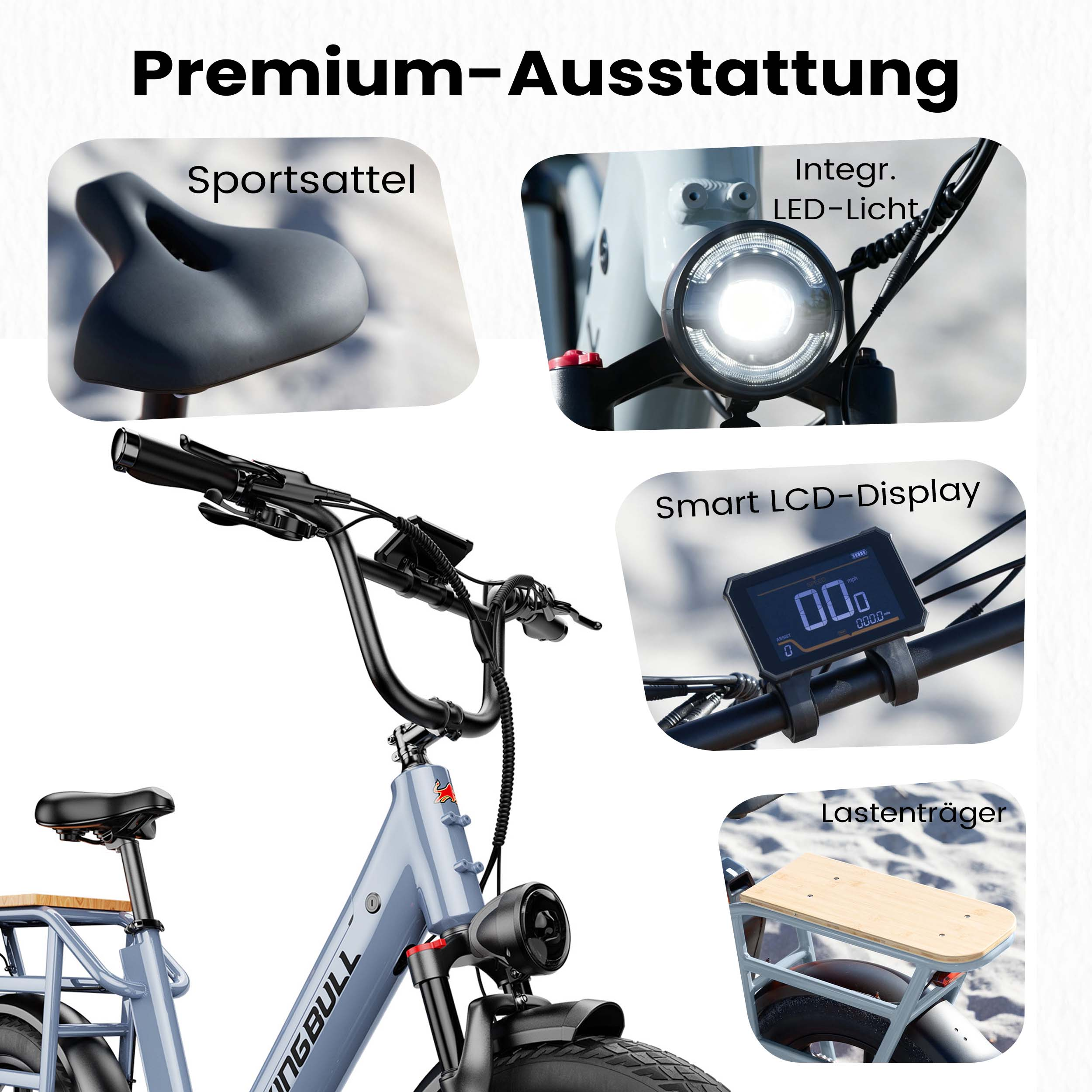 E-Bike mit Sportsattel, integriertem LED-Licht, Smart-Display und Lastenträger.