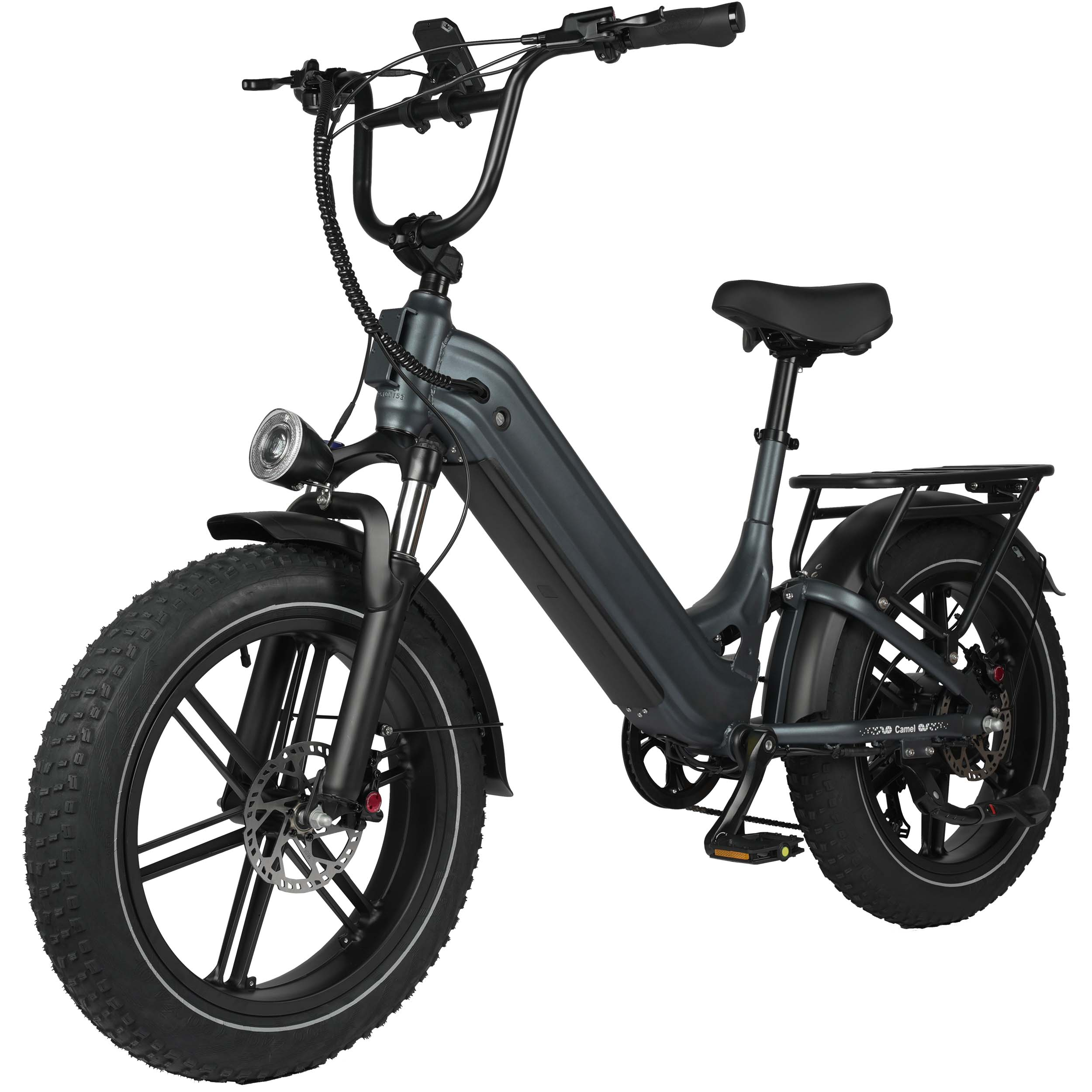 Dunkelgraues E-Bike mit dicken Reifen und Gepäckträger.