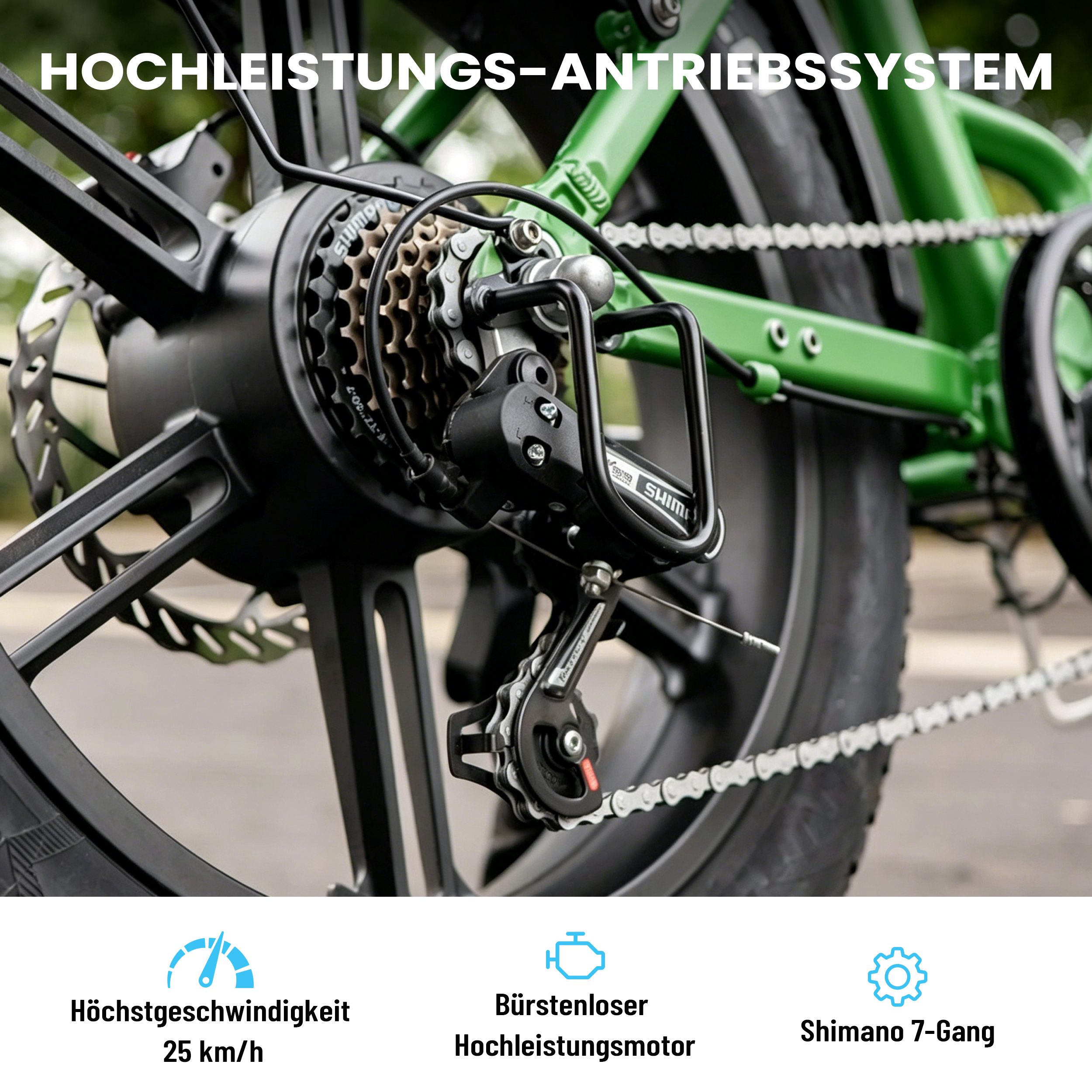 Nahaufnahme der Fahrradschaltung, mit Text über Leistung und Geschwindigkeit.