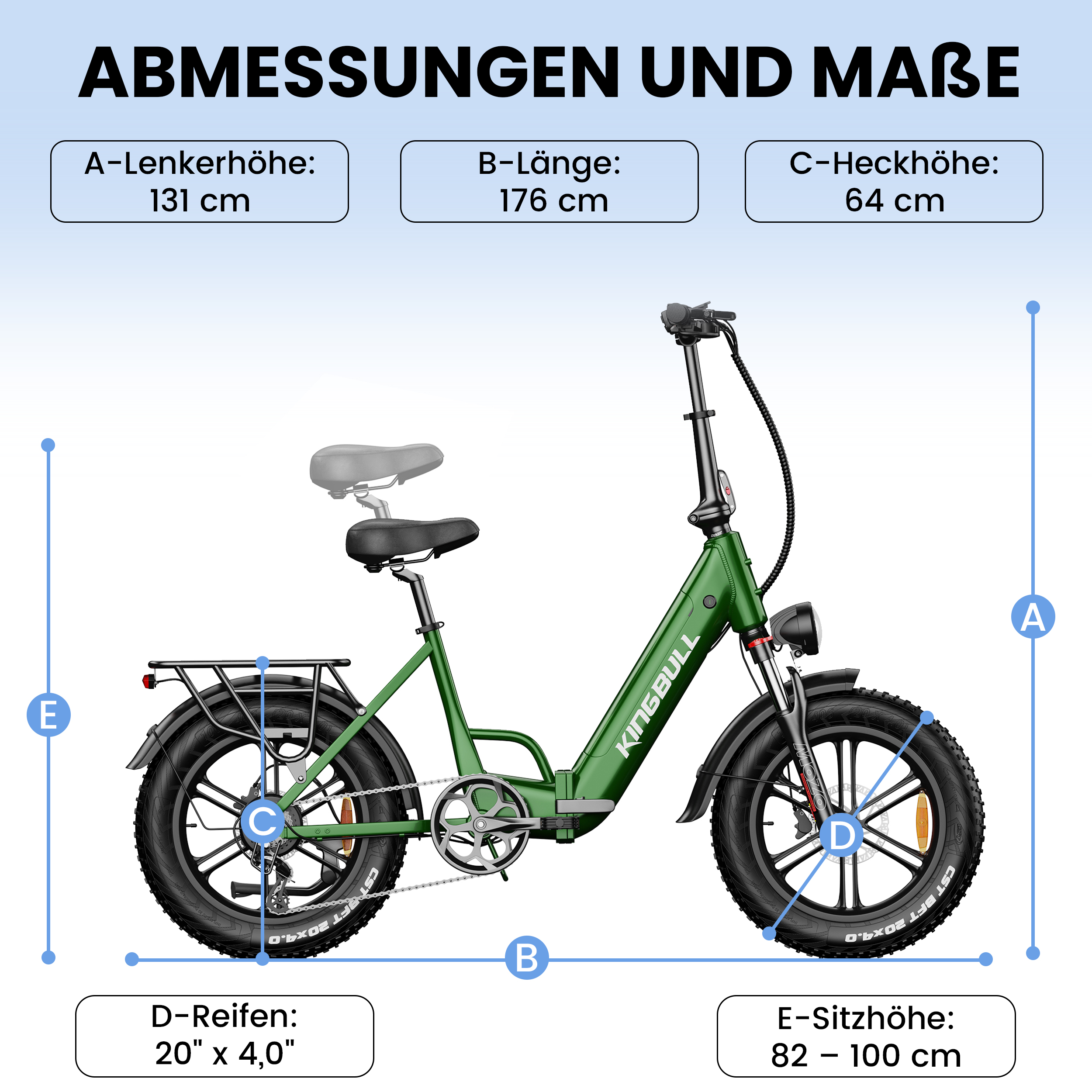 Grüne E-Bike mit Maßangaben: Lenkerhöhe 131cm, Länge 176cm, Heckhöhe 64cm.