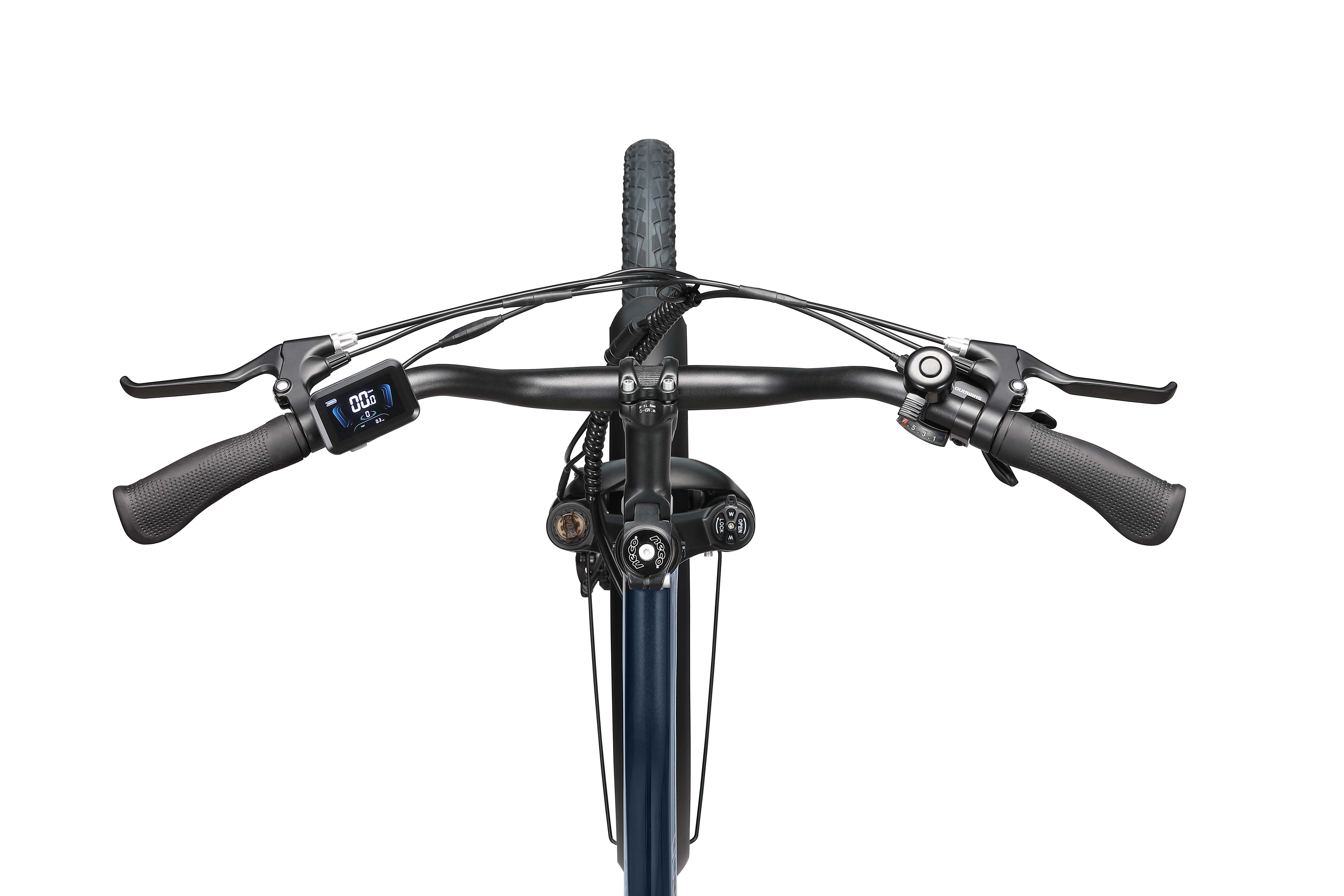 Oberansicht eines dunklen Fahrradlenkers mit Display und Griffen.