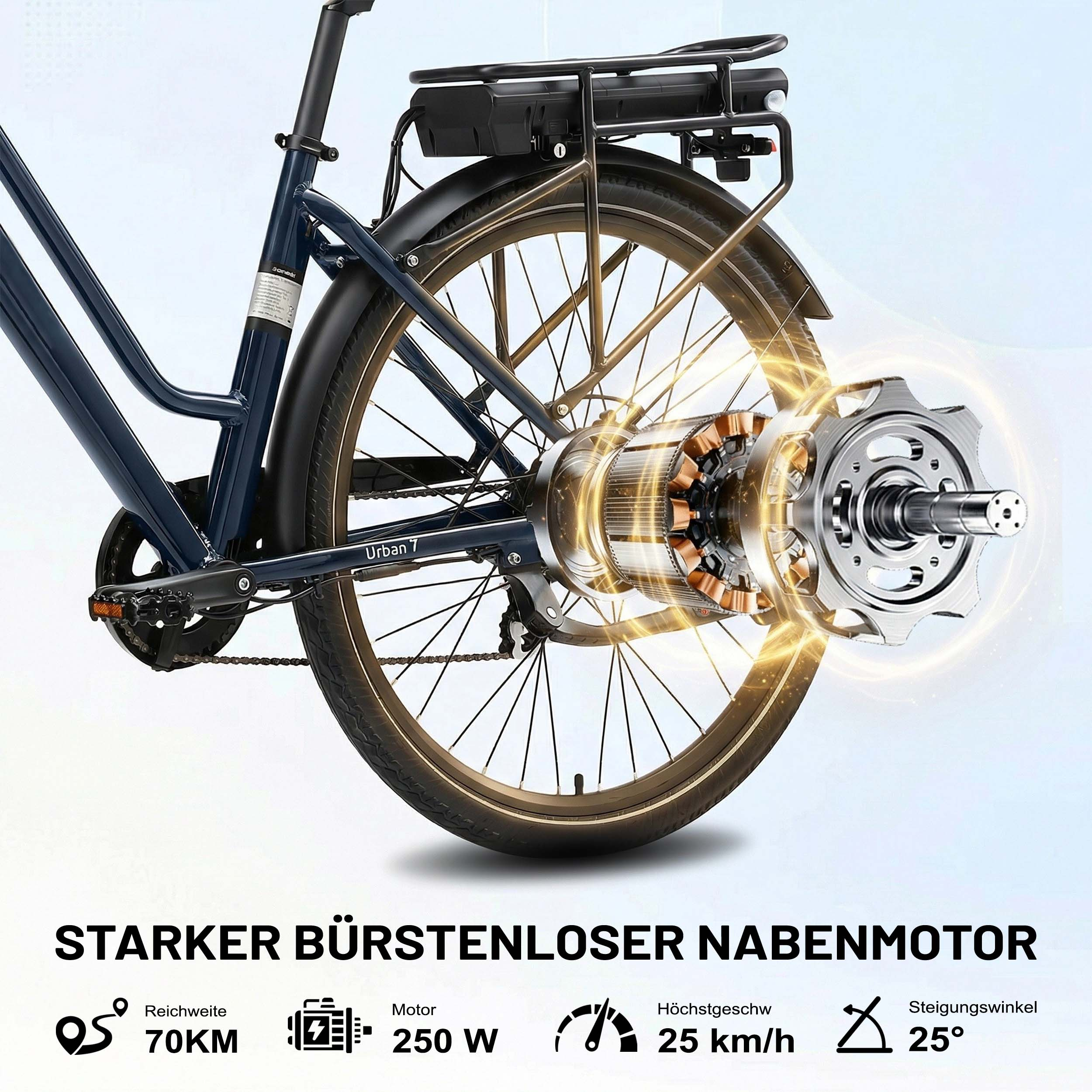 Nahaufnahme eines E-Bikes mit Fokus auf den Nabemotor, Akku und Speichen.
