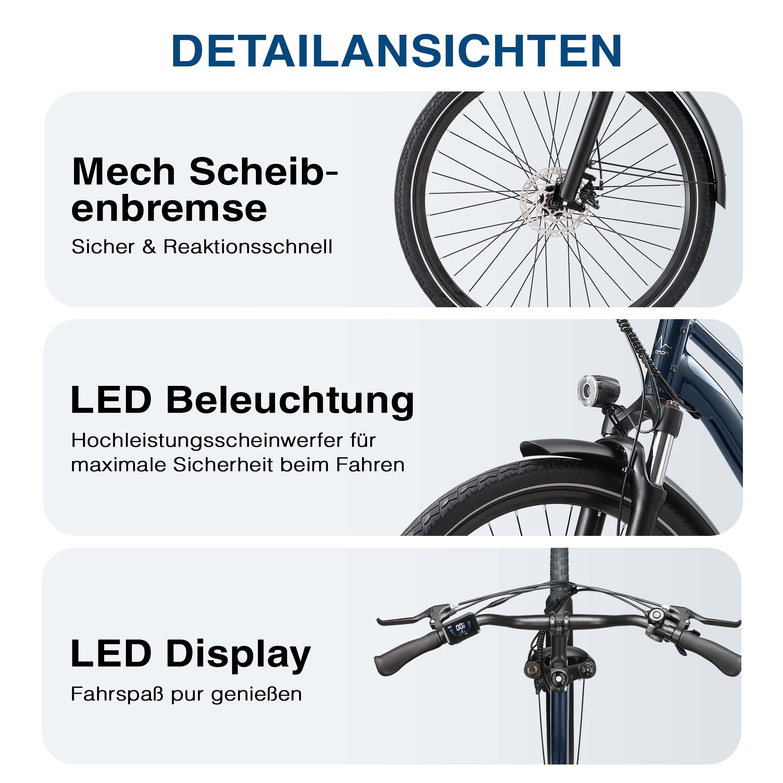 Detailansichten: Scheibenbremse, LED-Beleuchtung und LED-Display eines Fahrrads.