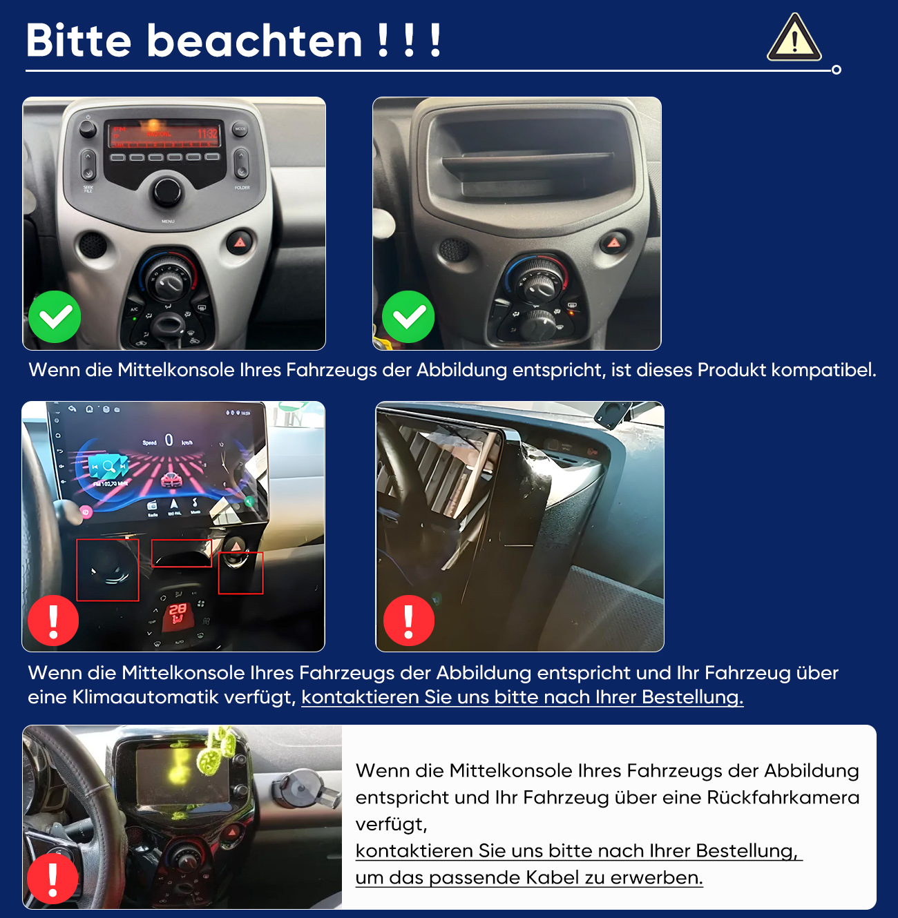 Zwei Autokonsolen: oben kompatibel, unten nicht kompatibel mit Klimaautomatik.