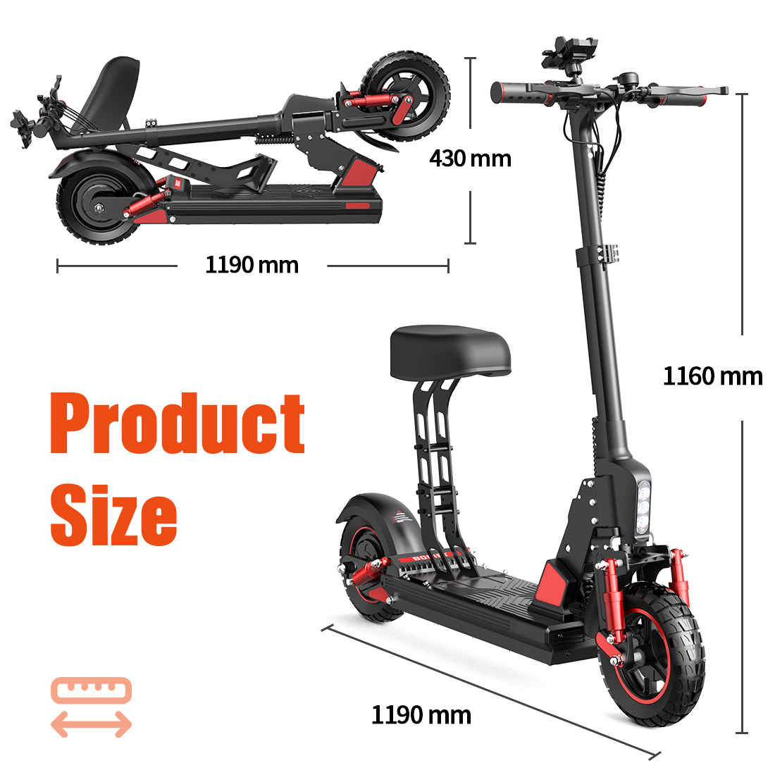 Monopattino elettrico nero con sedile, mostrato piegato e aperto con dimensioni.
