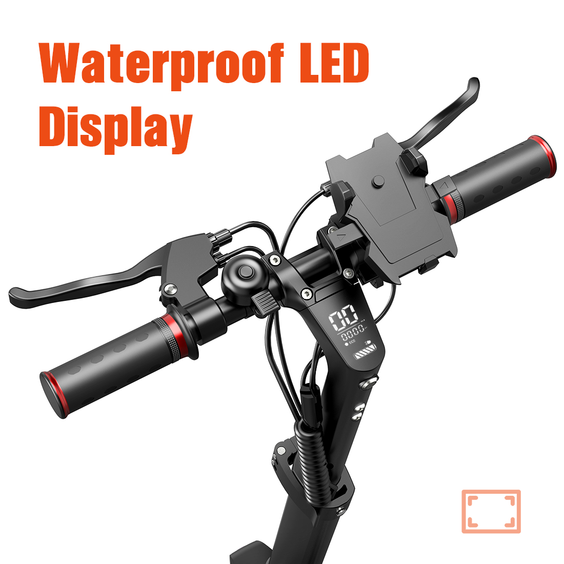Manubrio monopattino elettrico nero con display LED, supporto telefono e leve freno.