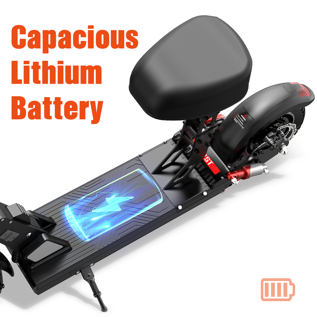 Monopattino elettrico con sedile, display batteria illuminato e testo.