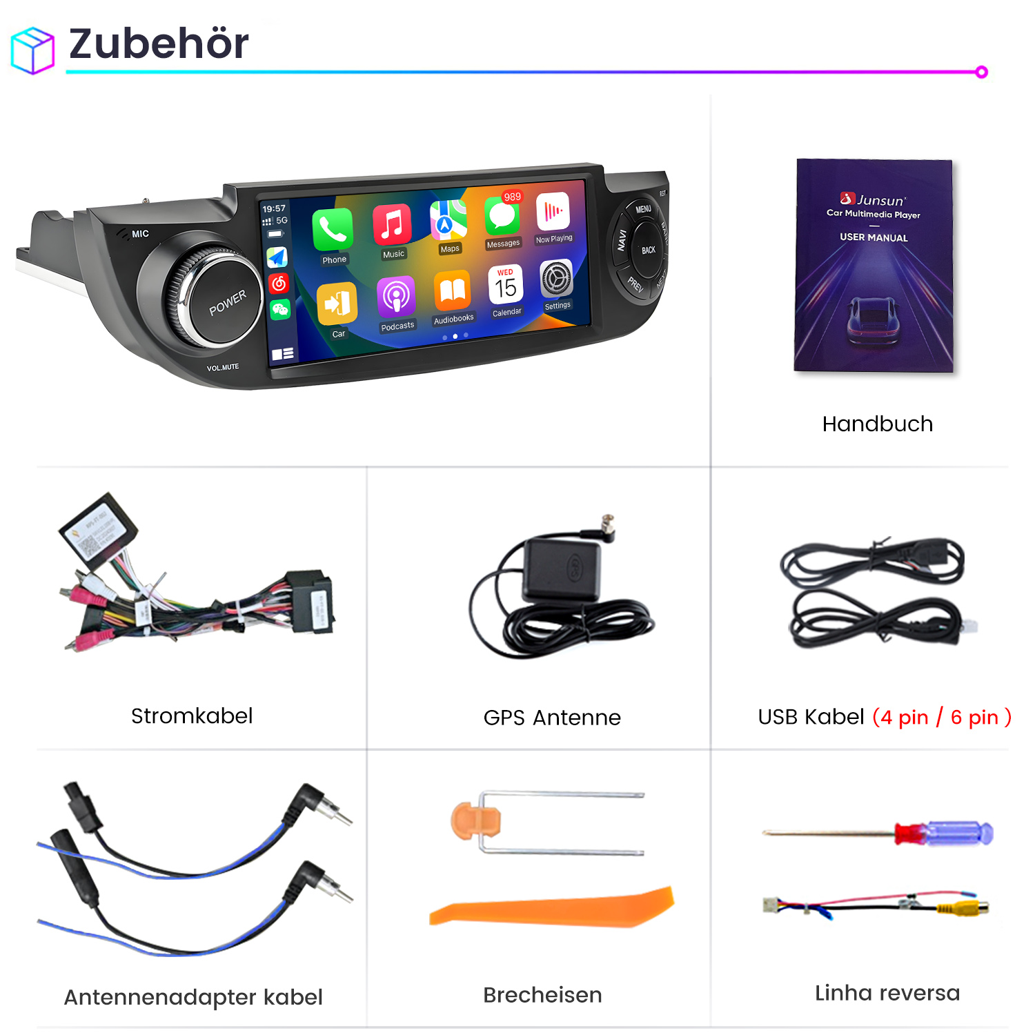 Car multimedia player mit Zubehör: Stromkabel, GPS-Antenne, USB-Kabel, Adapter und Werkzeug.
