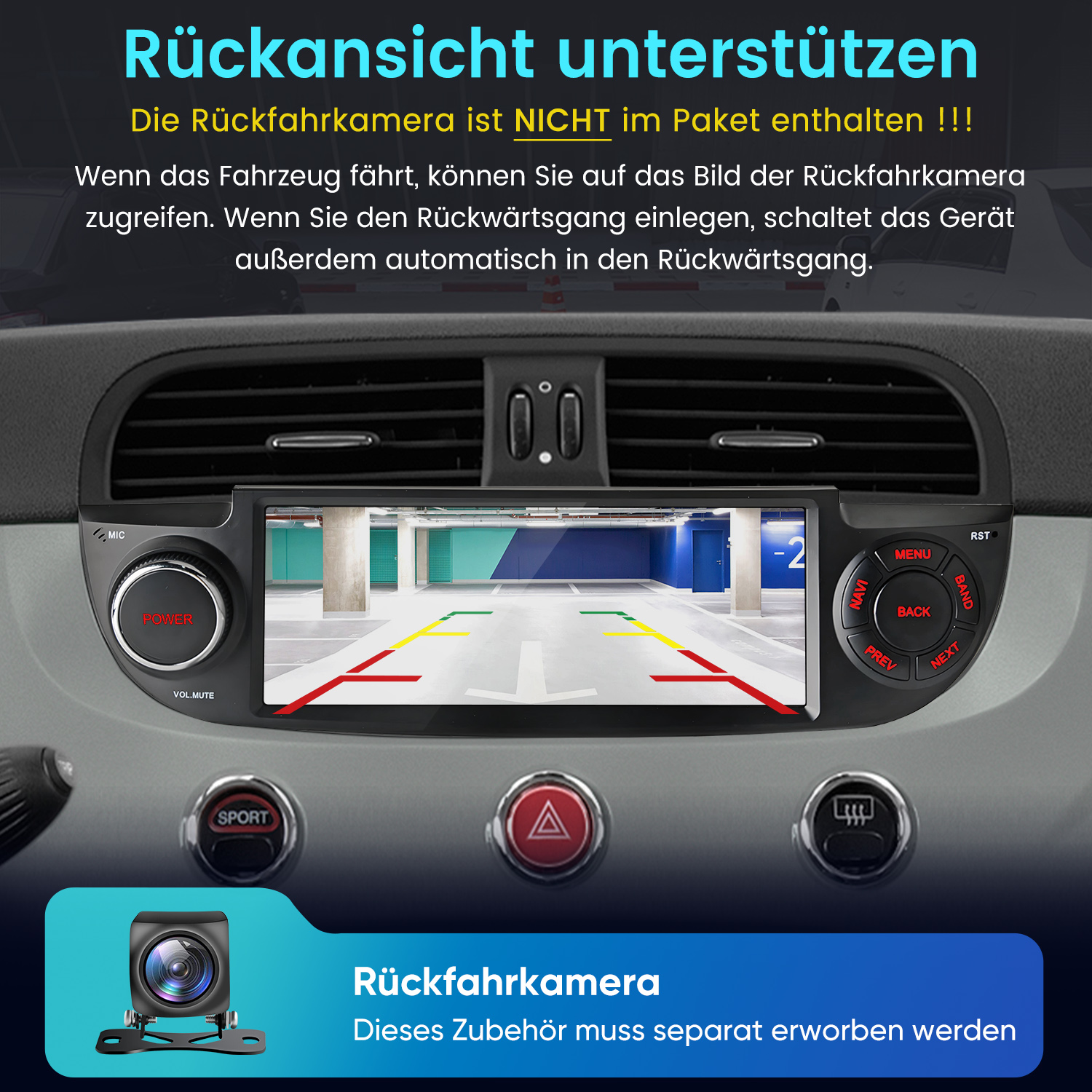 Autoinnenraum mit Rückfahrkamera-Display, das eine Parkgarage zeigt.