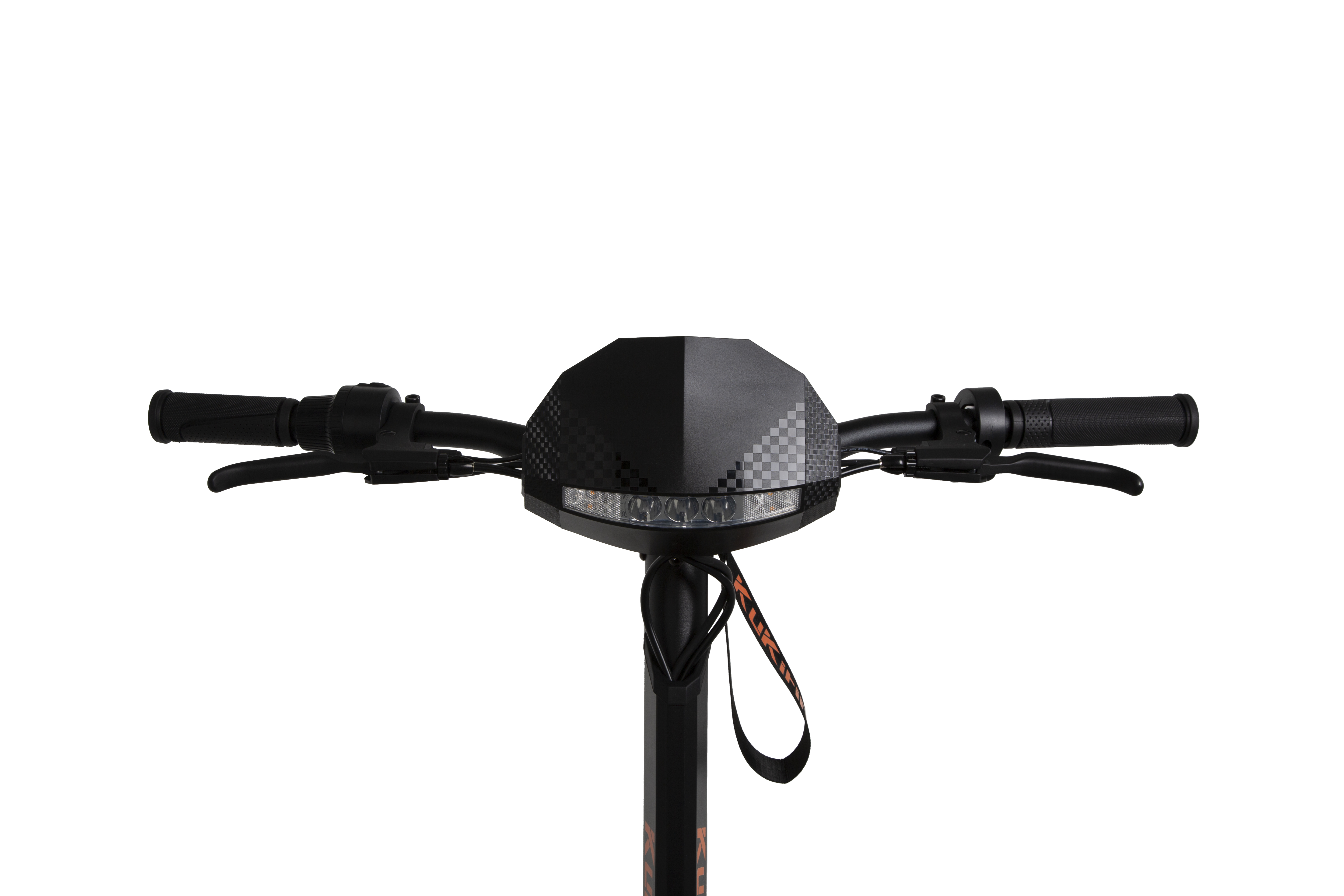 Vista frontale di un monopattino elettrico nero con manubrio, luci e cinghia.