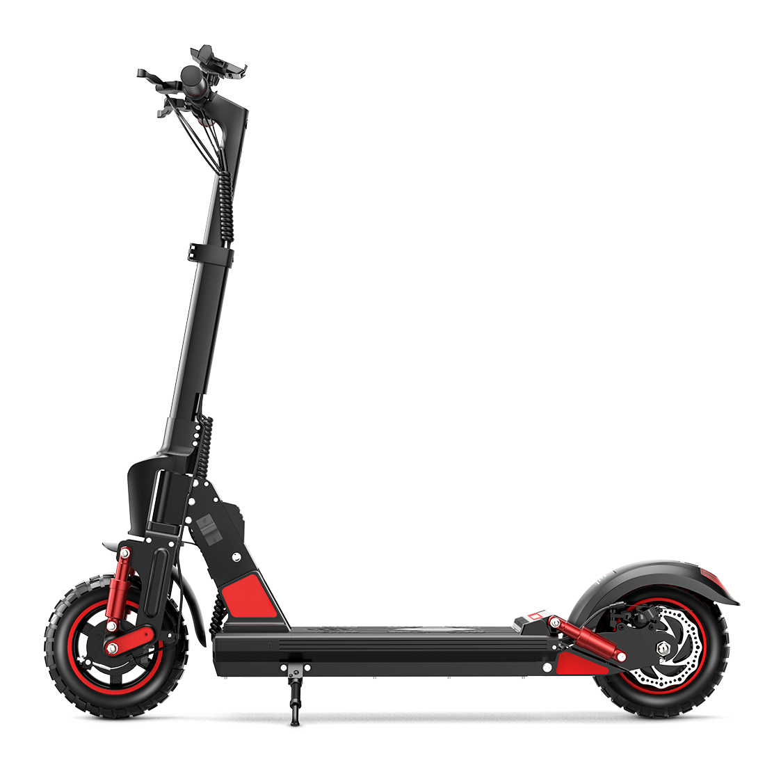 Uno scooter elettrico nero con accenti rossi, in piedi su sfondo bianco.