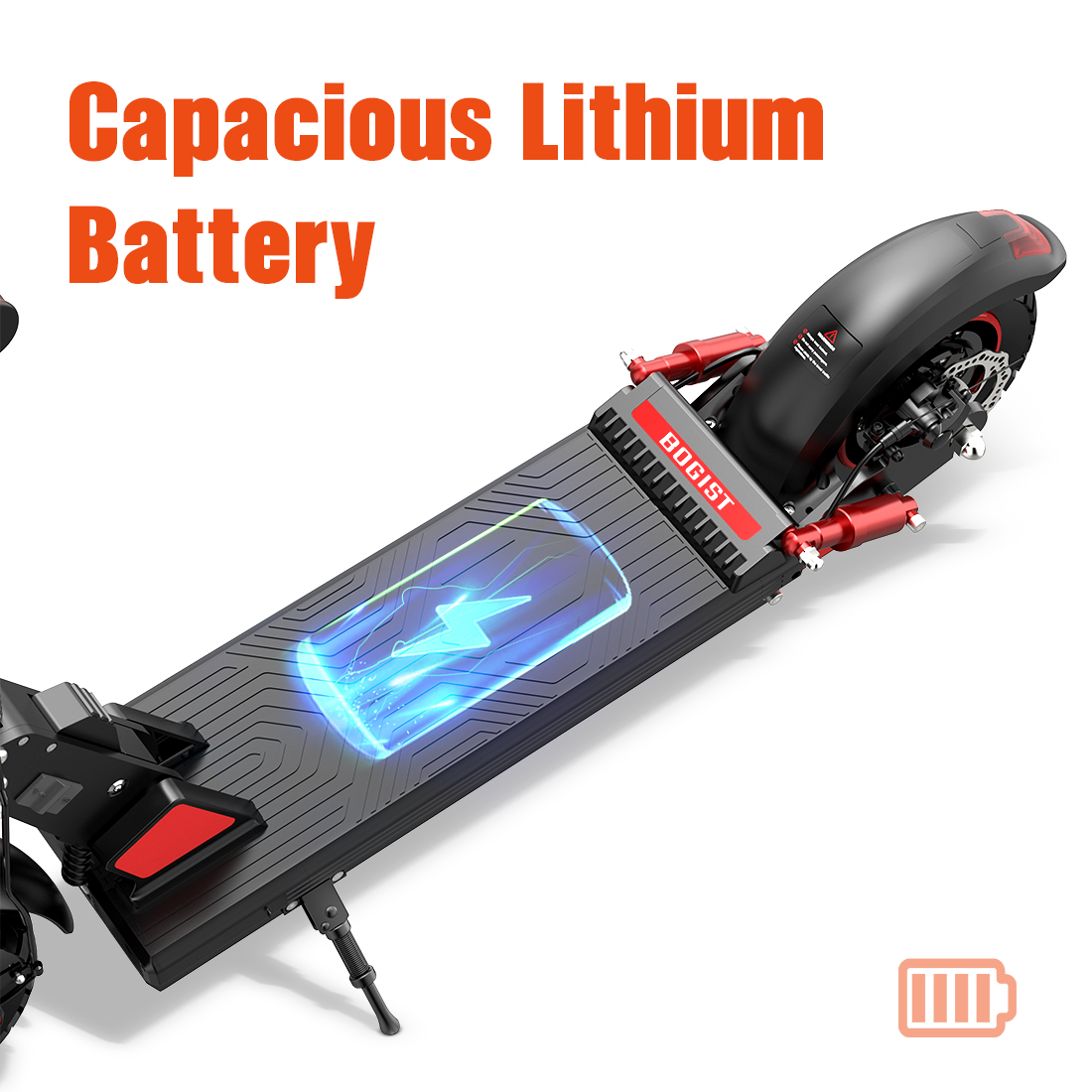 Piattaforma per monopattino elettrico con simbolo batteria luminoso e ammortizzatori.