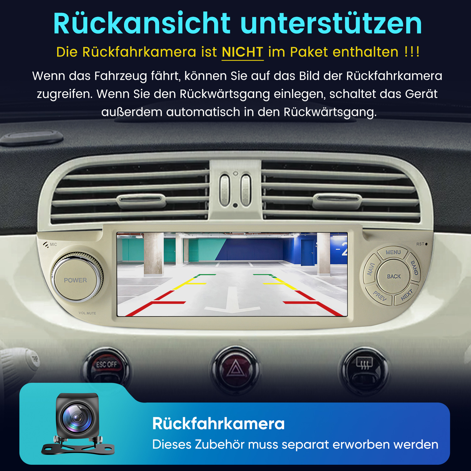 Auto-Rückfahrkamera-Bildschirm zeigt Parkplatzansicht mit Führungslinien.