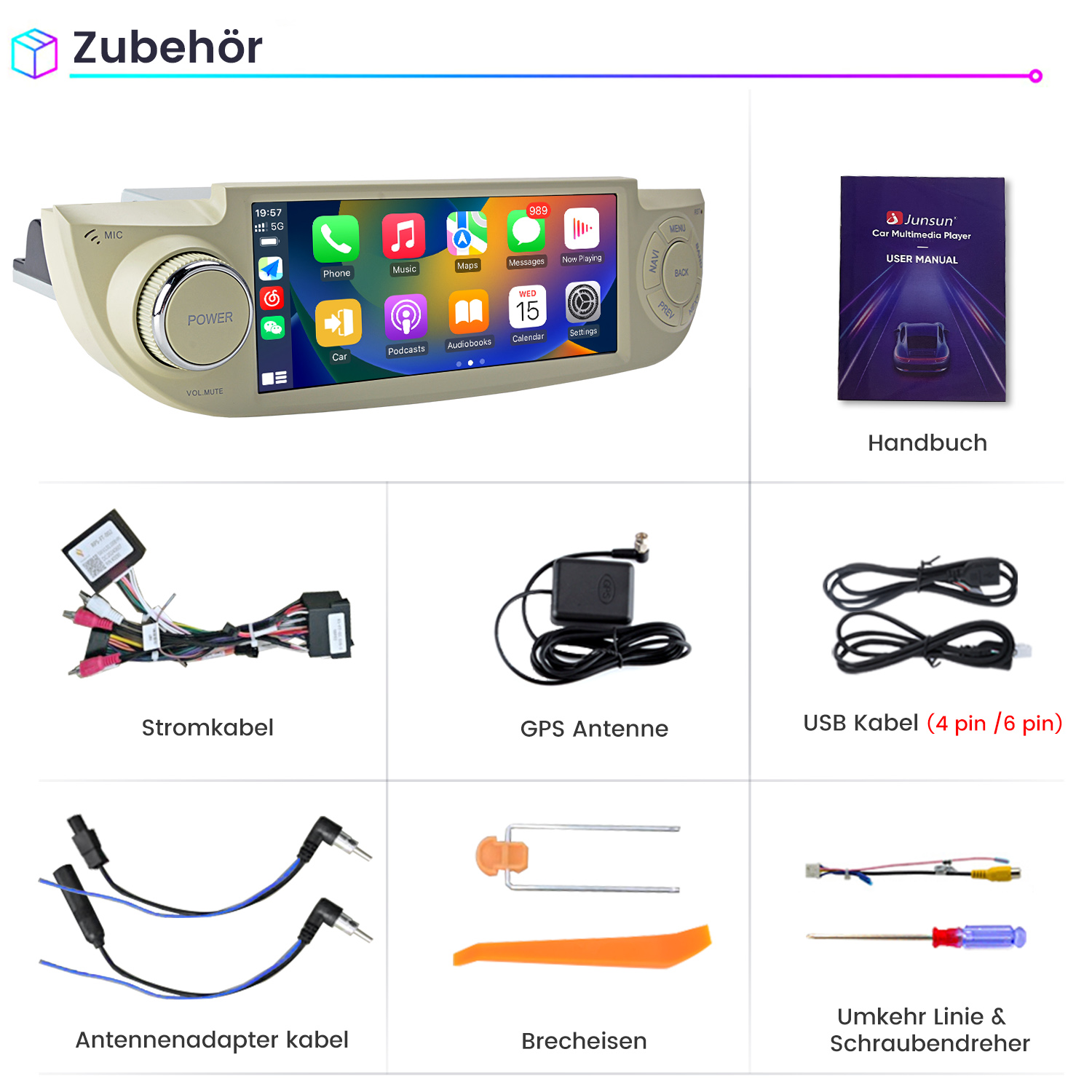 Ein Autoradio-Display mit Apps, Zubehör und Handbuch.
