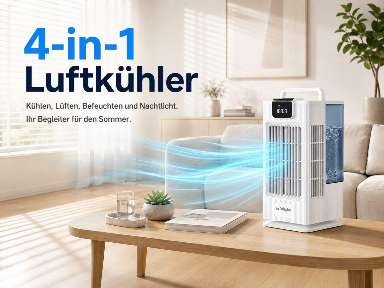 Ein weißer Luftkühler mit Eiswürfeln in einem Wassertank gibt kühle Luft ab.