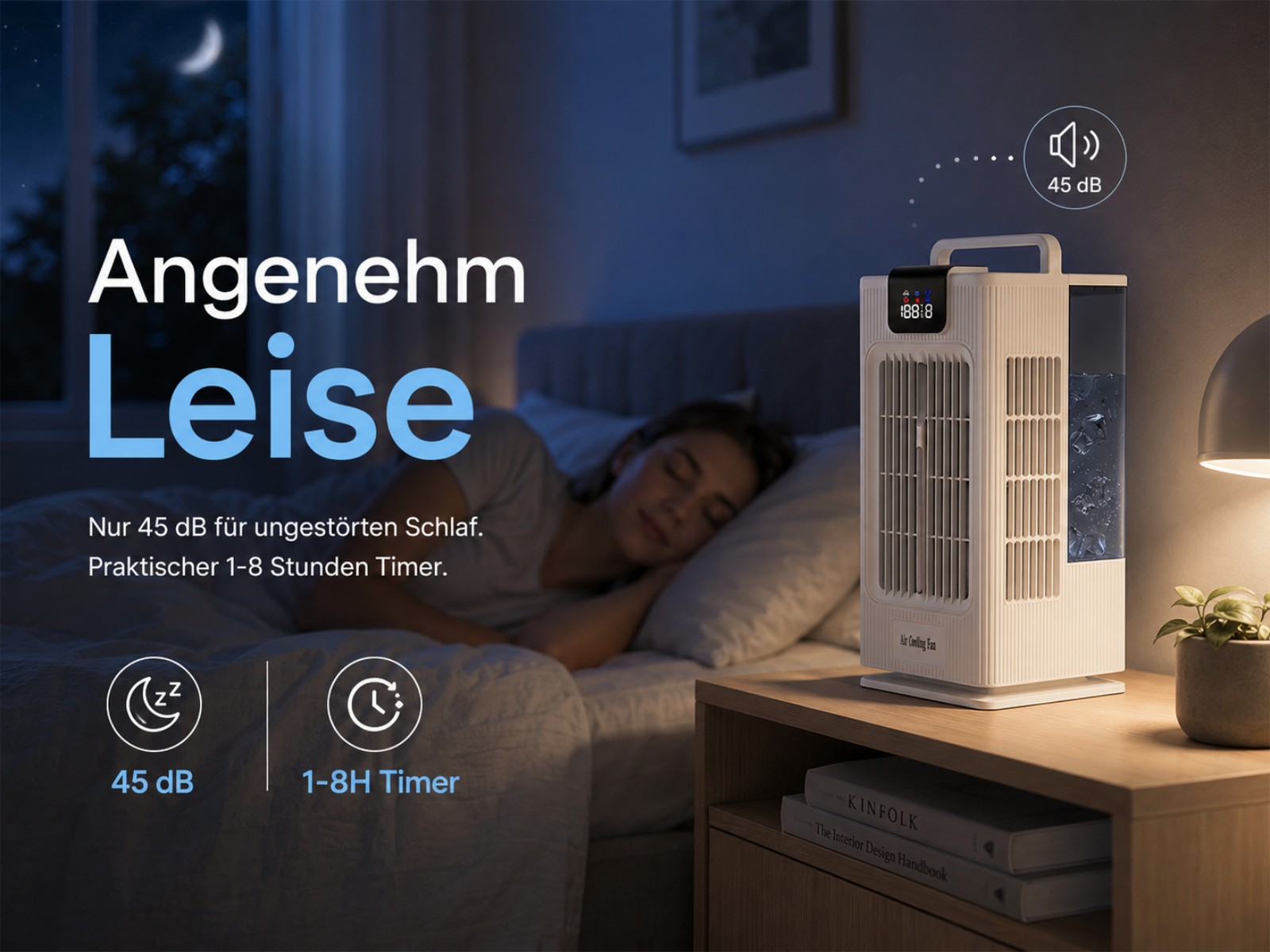 Ein Mann schläft im Dunkeln, ein leiser Lüfter steht daneben.