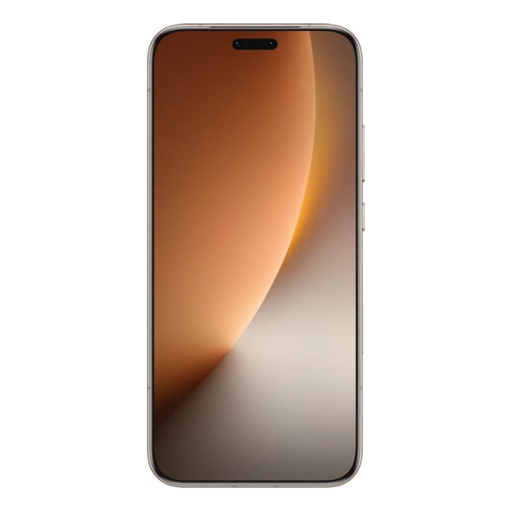 Uno smartphone moderno con sfondo marrone e grigio chiaro.