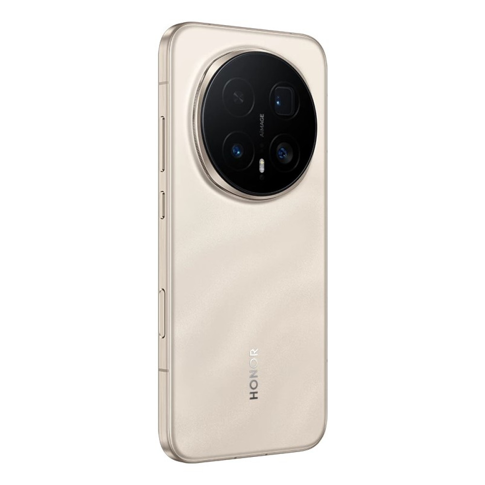 Uno smartphone oro chiaro con disposizione a modulo fotocamera rotondo sul retro.