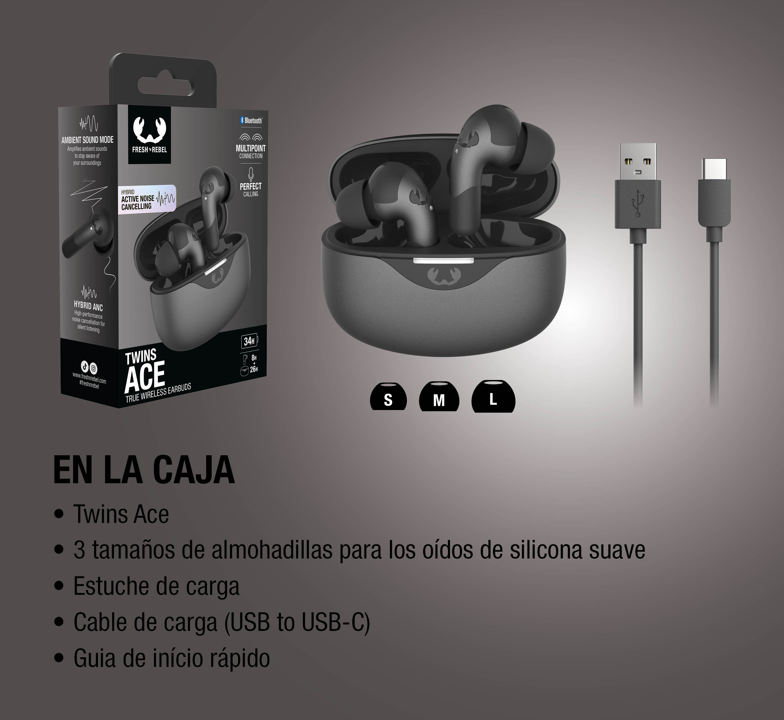 Auriculares inalámbricos negros Fresh 'n Rebel Twins Ace con estuche y cables.