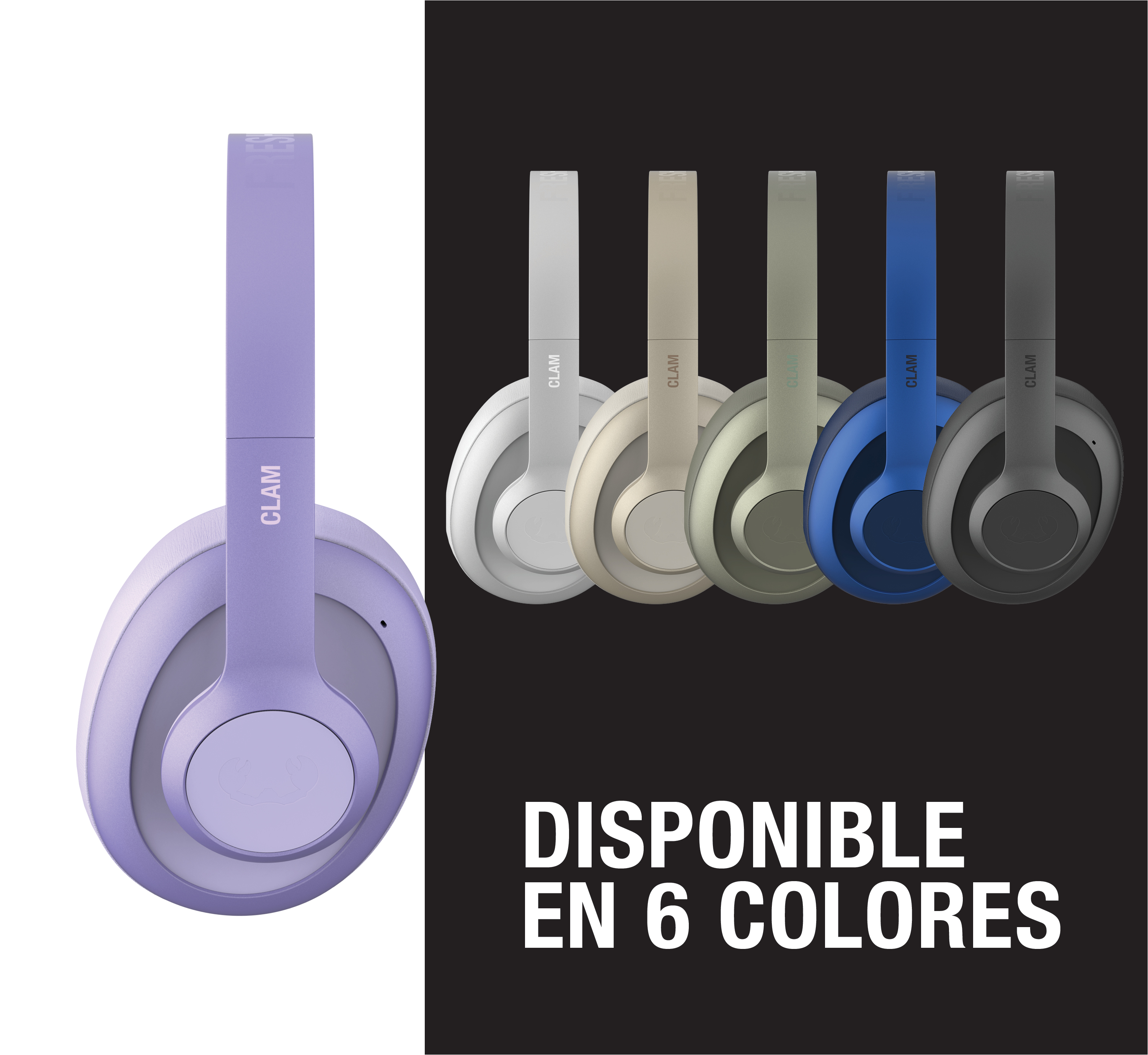 Un audífono morado a la izquierda, junto a otros cinco en gris, beige, verde, azul y negro.