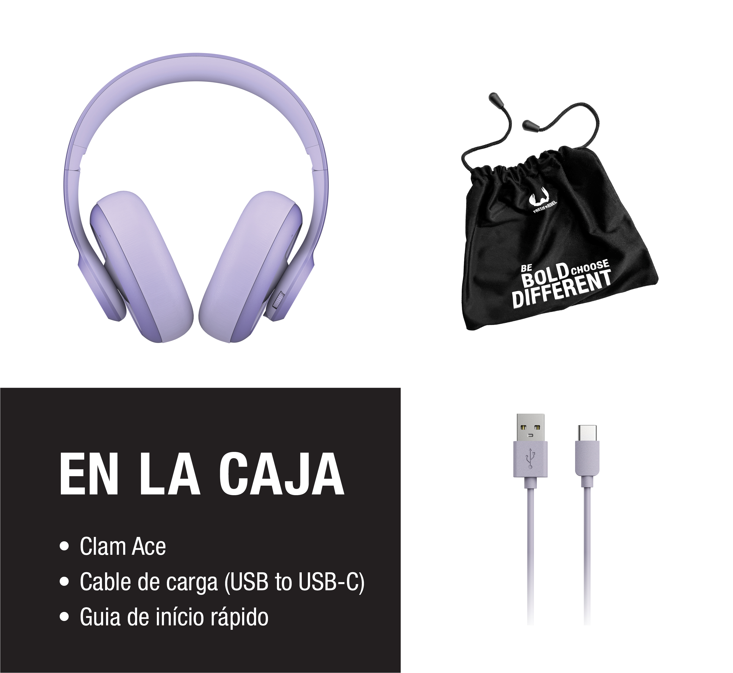 Auriculares morados, bolsa negra con texto, cable USB-C.