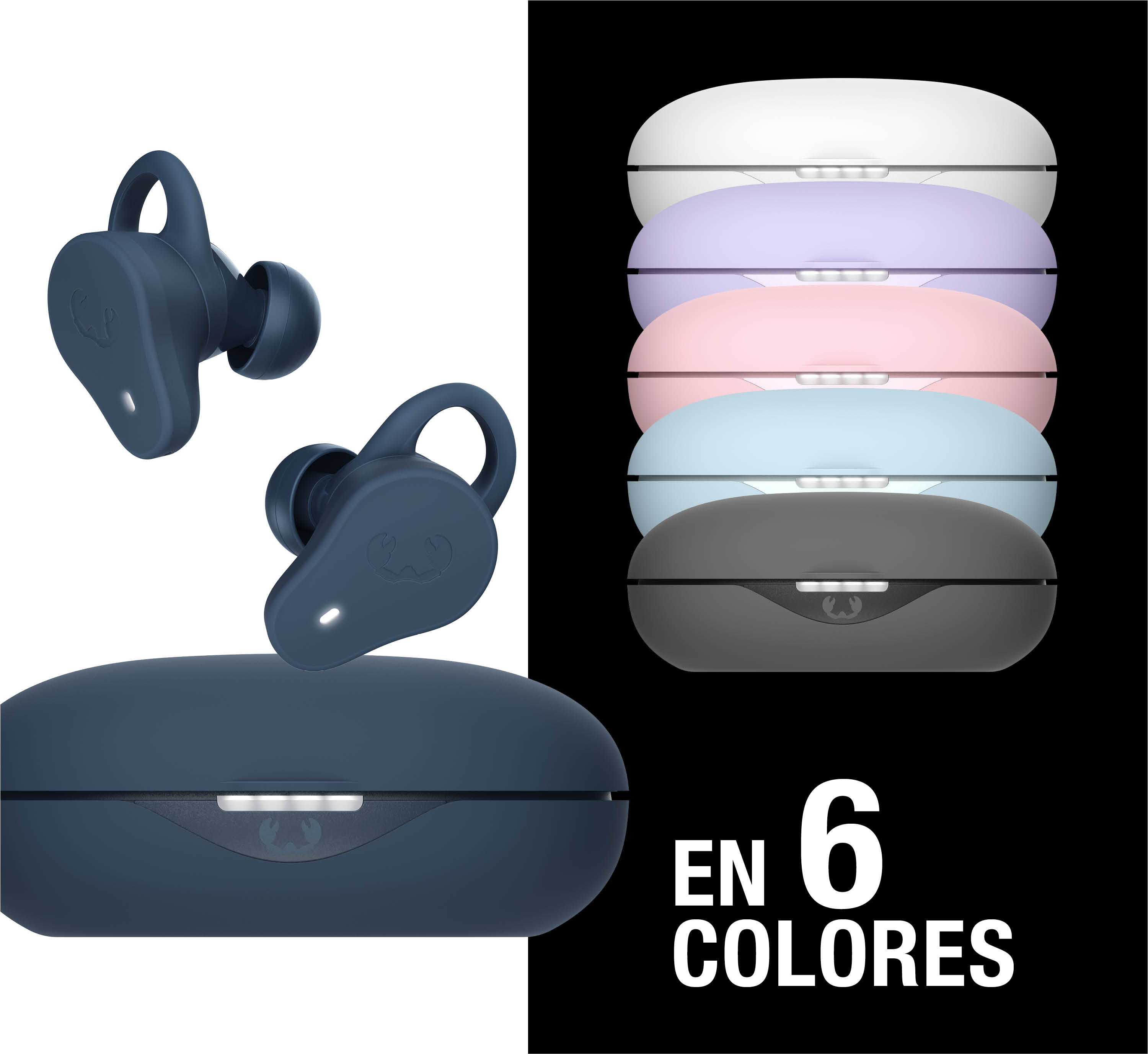 Tres auriculares azules y un estuche de carga comparados con cinco estuches de carga.