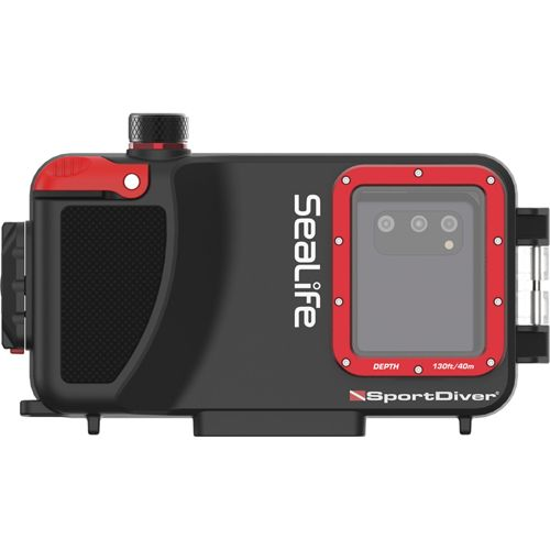 Schwarzes wasserdichtes Gehäuse mit rotem Rahmen, Sealife-Logo und SportDiver-Schriftzug.