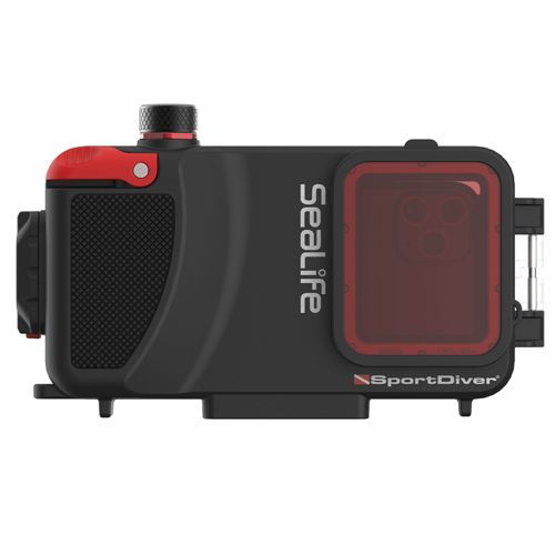 Schwarzes und rotes wasserdichtes Gehäuse für ein Smartphone mit „SeaLife SportDiver“-Aufschrift.