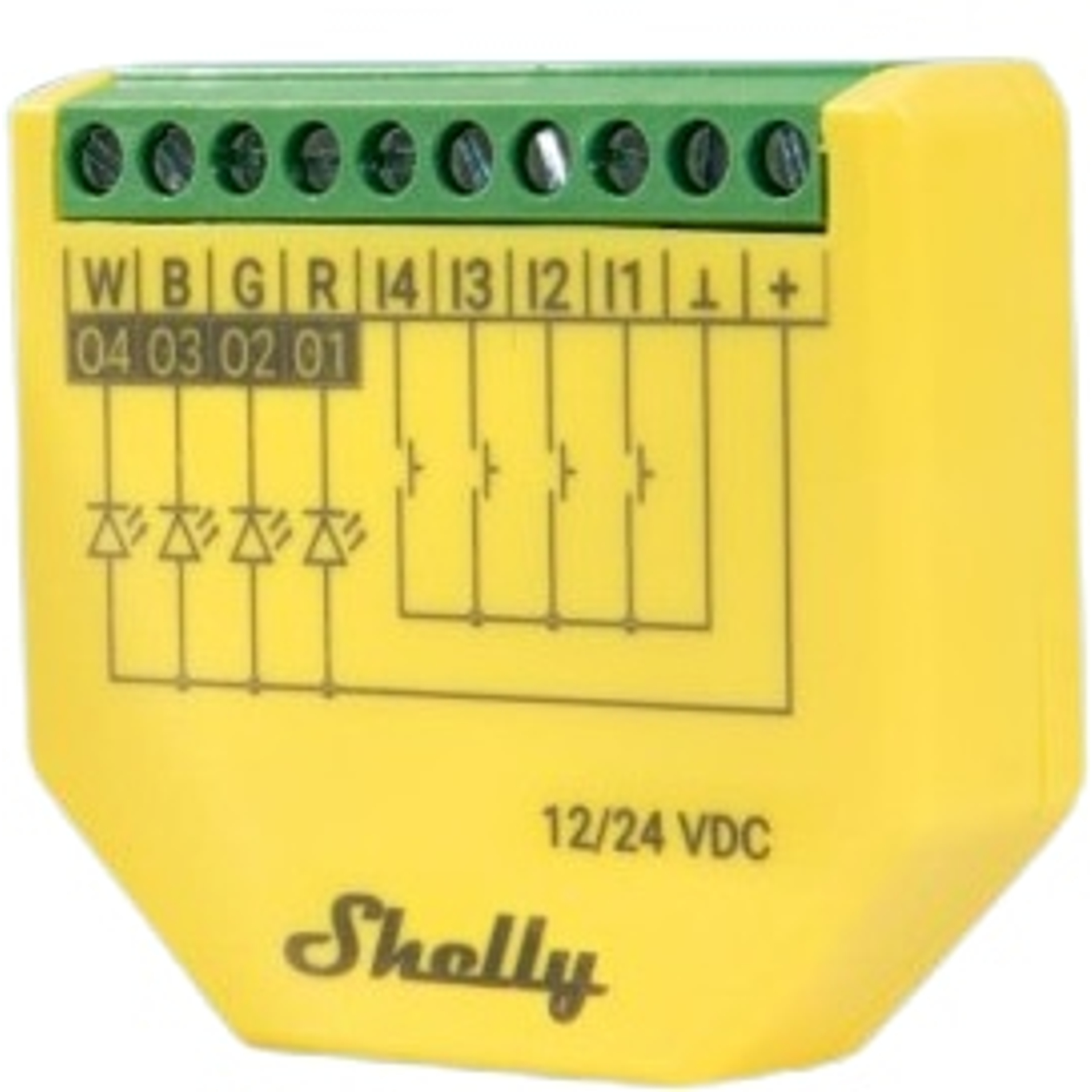 Żółte urządzenie Shelly z zielonym zaciskiem i schematem, 12/24 VDC.