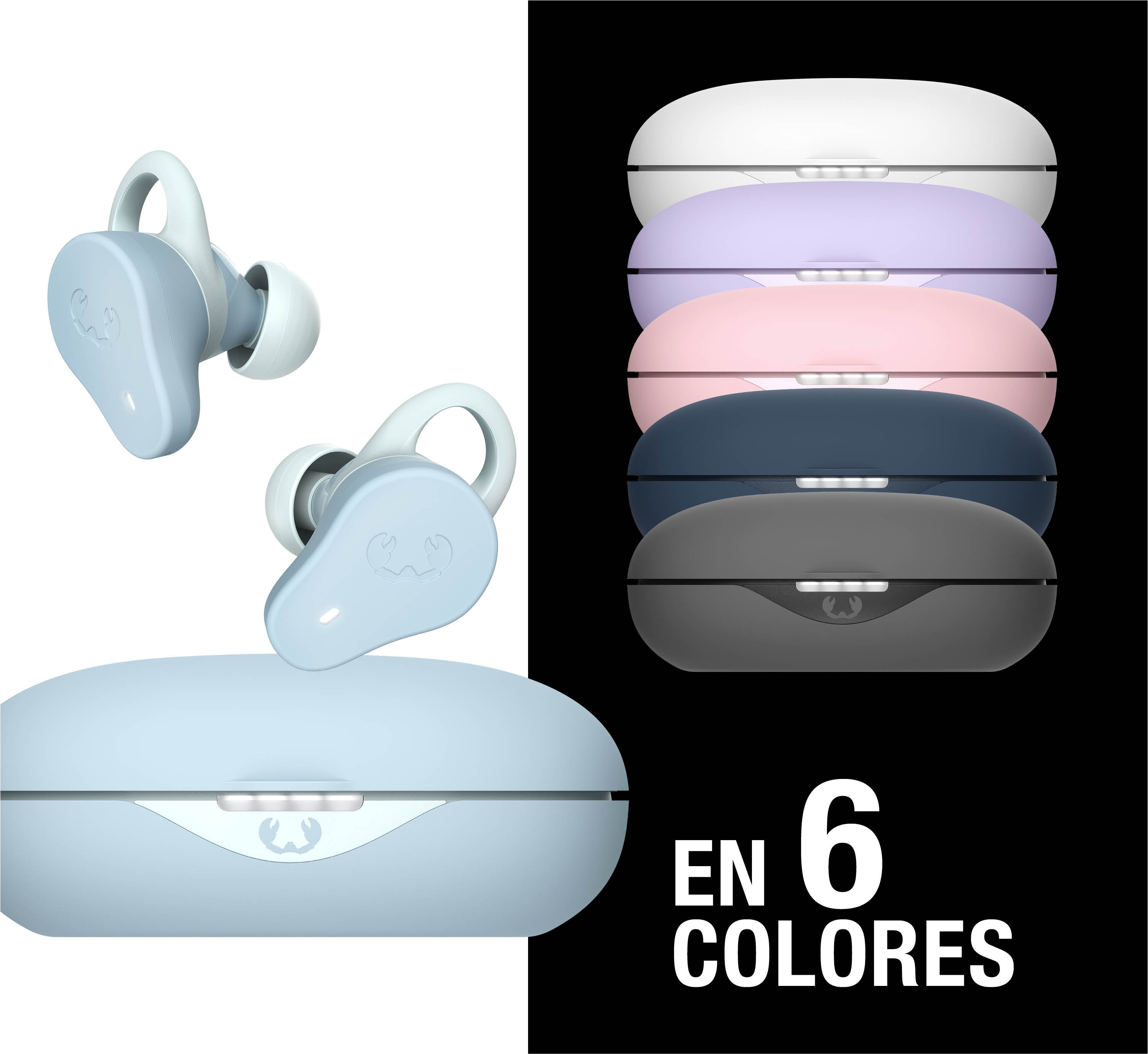 Auriculares inalámbricos azules y estuches de carga en 6 colores.