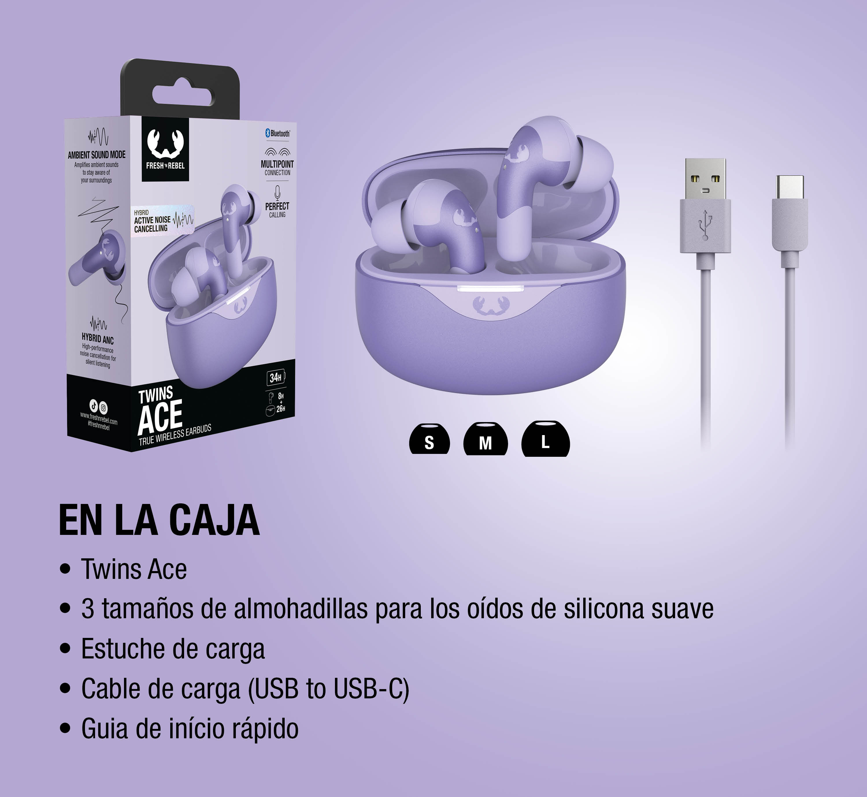 Auriculares morados Fresh 'n Rebel Twins Ace en embalaje con cable.