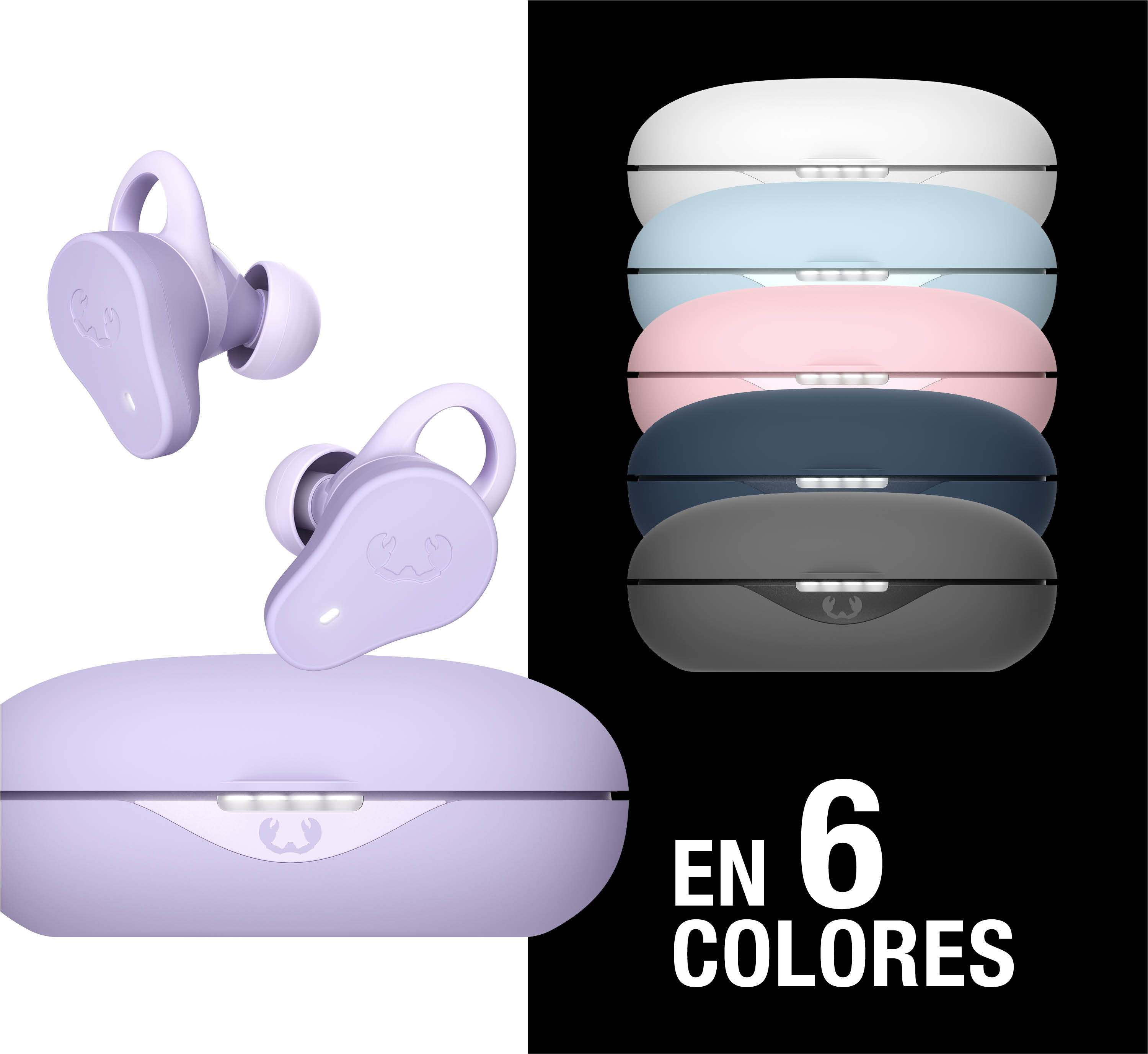 Auriculares morados con estuche de carga y estuches apilados en 6 colores.